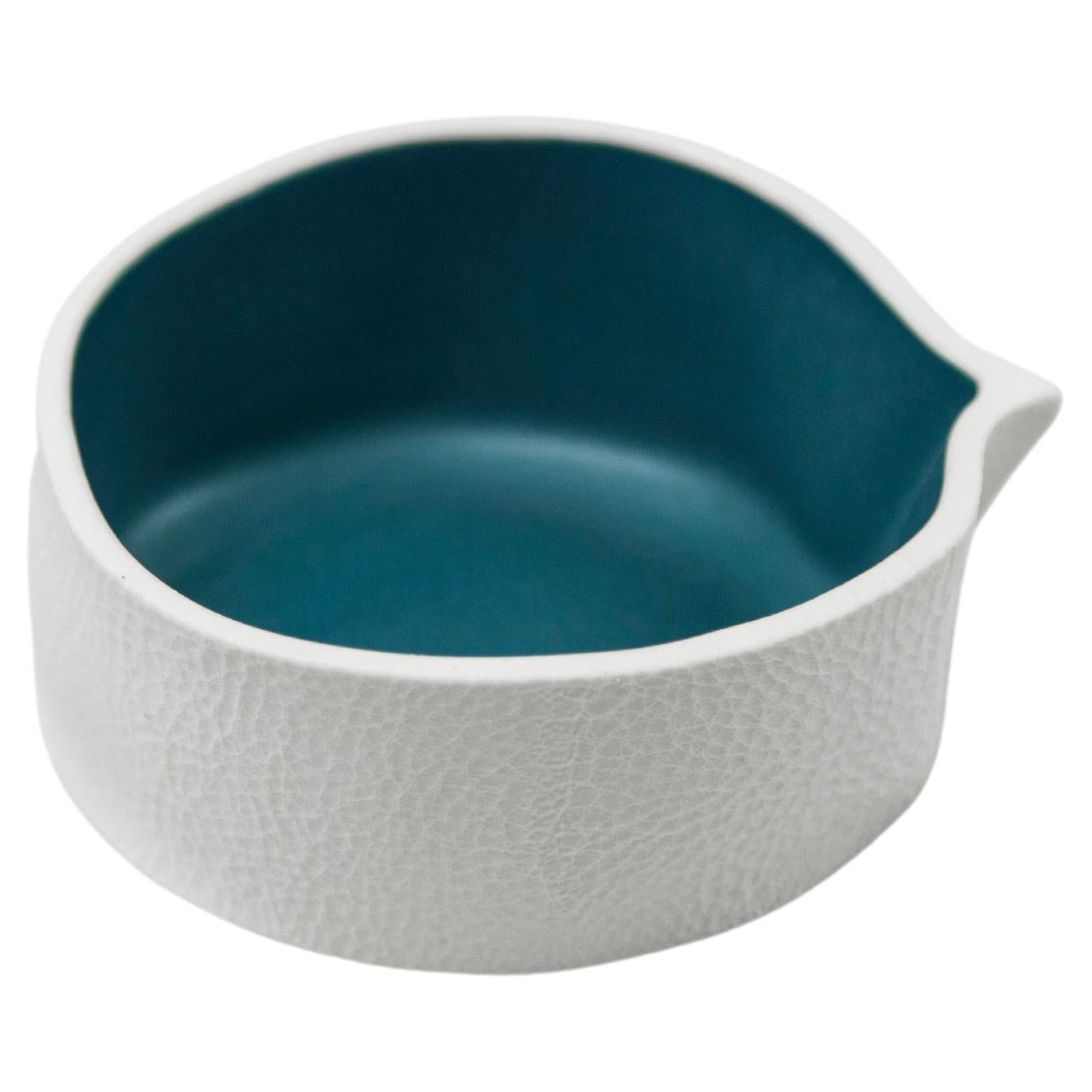 White & Teal Small Ceramic Kawa Dish, Textured Porcelain Catchall Bowl For Sale