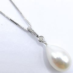 White Teardrop Baroque Pearl Diamond Necklace Pendant in 18K White Gold