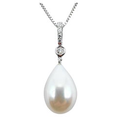White Teardrop Baroque Pearl Diamond Necklace Pendant in 18K White Gold
