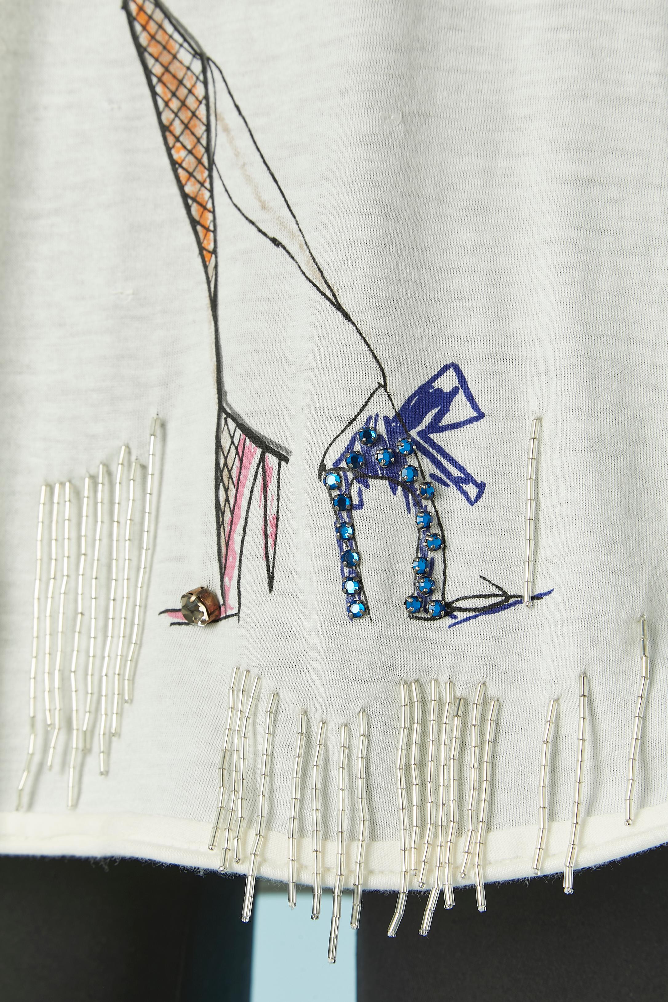 White tee-shirt with embroideries and beadwork LANVIN by Alber Elbaz In Excellent Condition For Sale In Saint-Ouen-Sur-Seine, FR