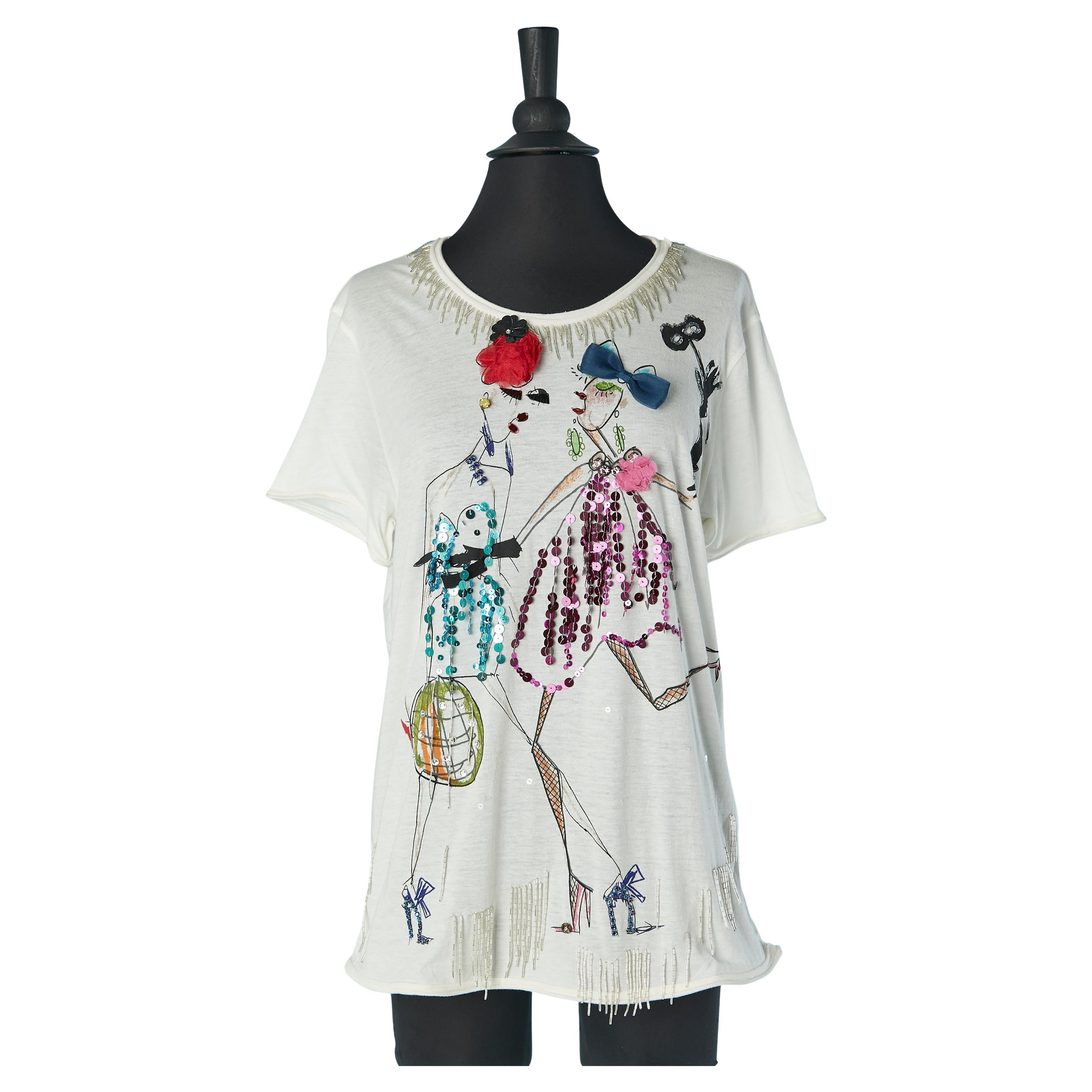 White tee-shirt with embroideries and beadwork LANVIN by Alber Elbaz