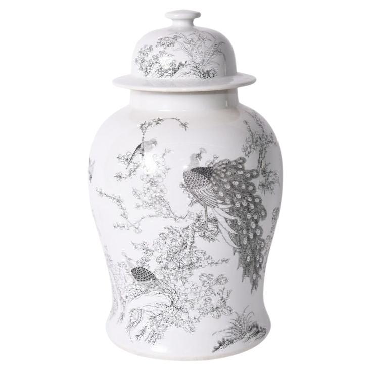 White Temple Jar with Black Peacock Motif For Sale