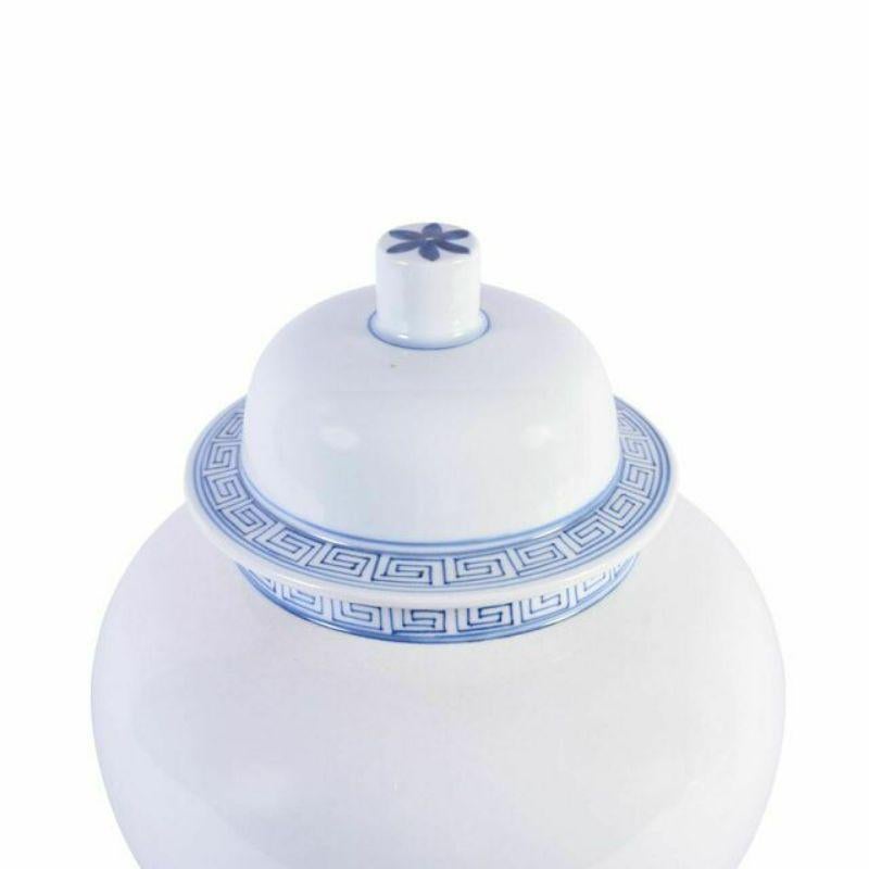 White temple jar with blue Greek key trim

The special antique process makes it looks like a piece of art from a museum. 
High fire porcelain, 100% hand shaped, hand painted. Distress, chips and other imperfections create great characters of this