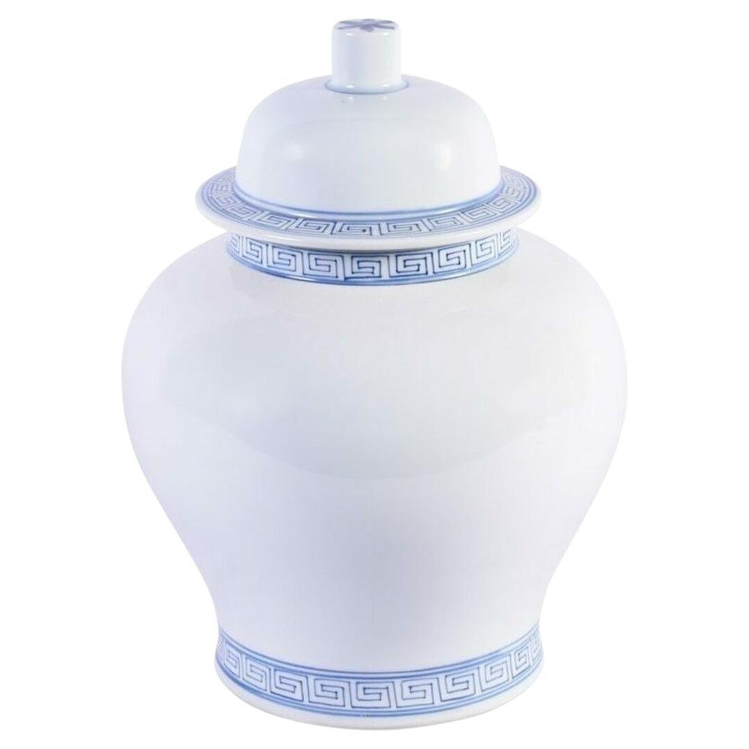 White Temple Jar with Blue Greek Key Trim For Sale