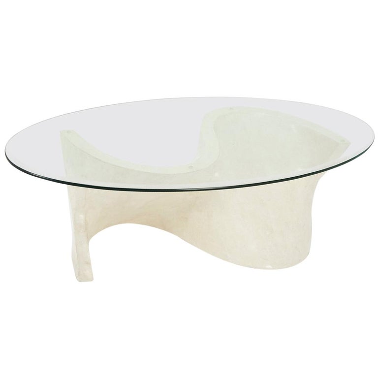 White Tessellated Stone Coffee Table with Glass Top and Wavy Base, 1990s For Sale at 1stDibs