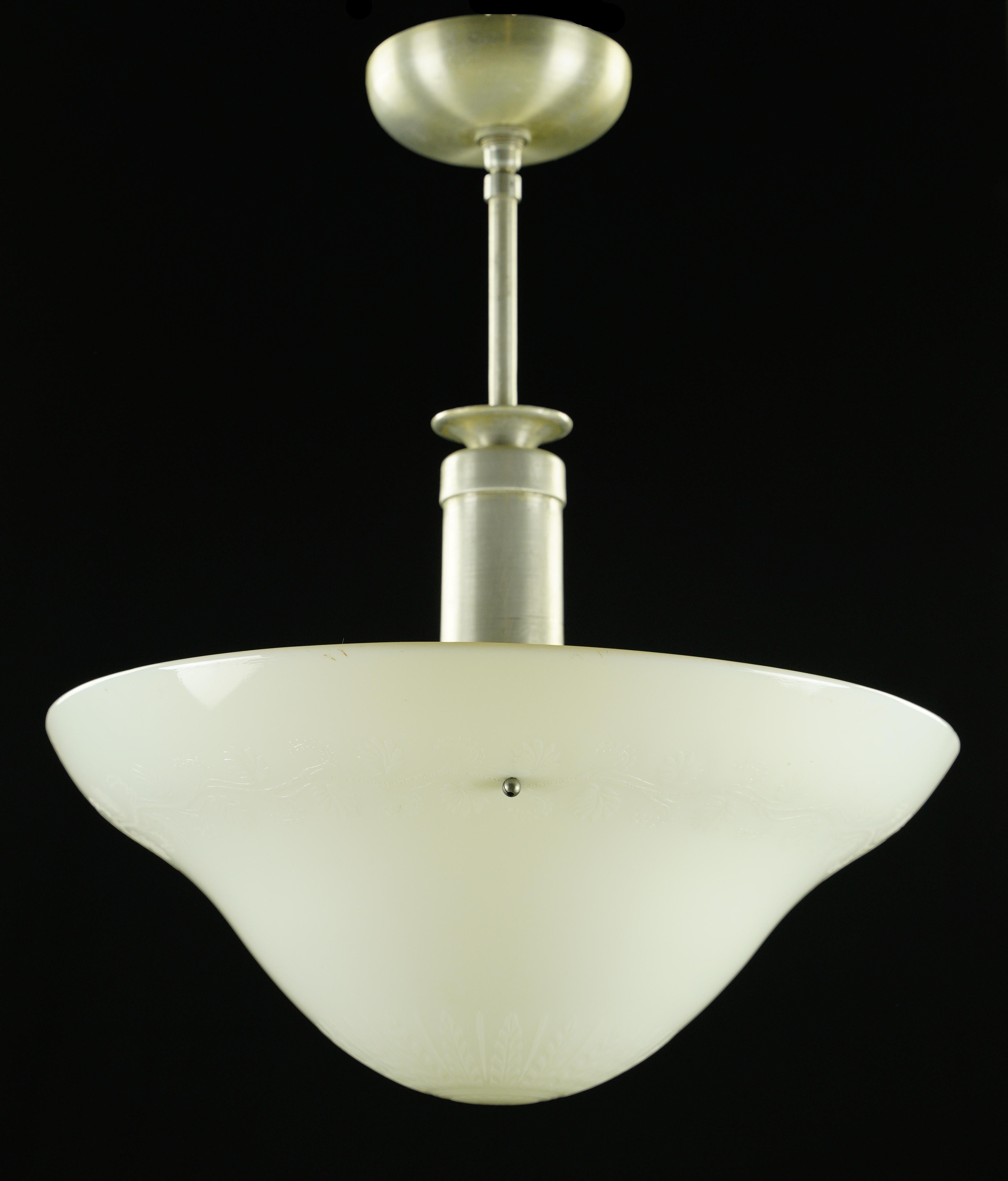 White Textured Glass Brushed Steel Pole Pendant Light For Sale 8