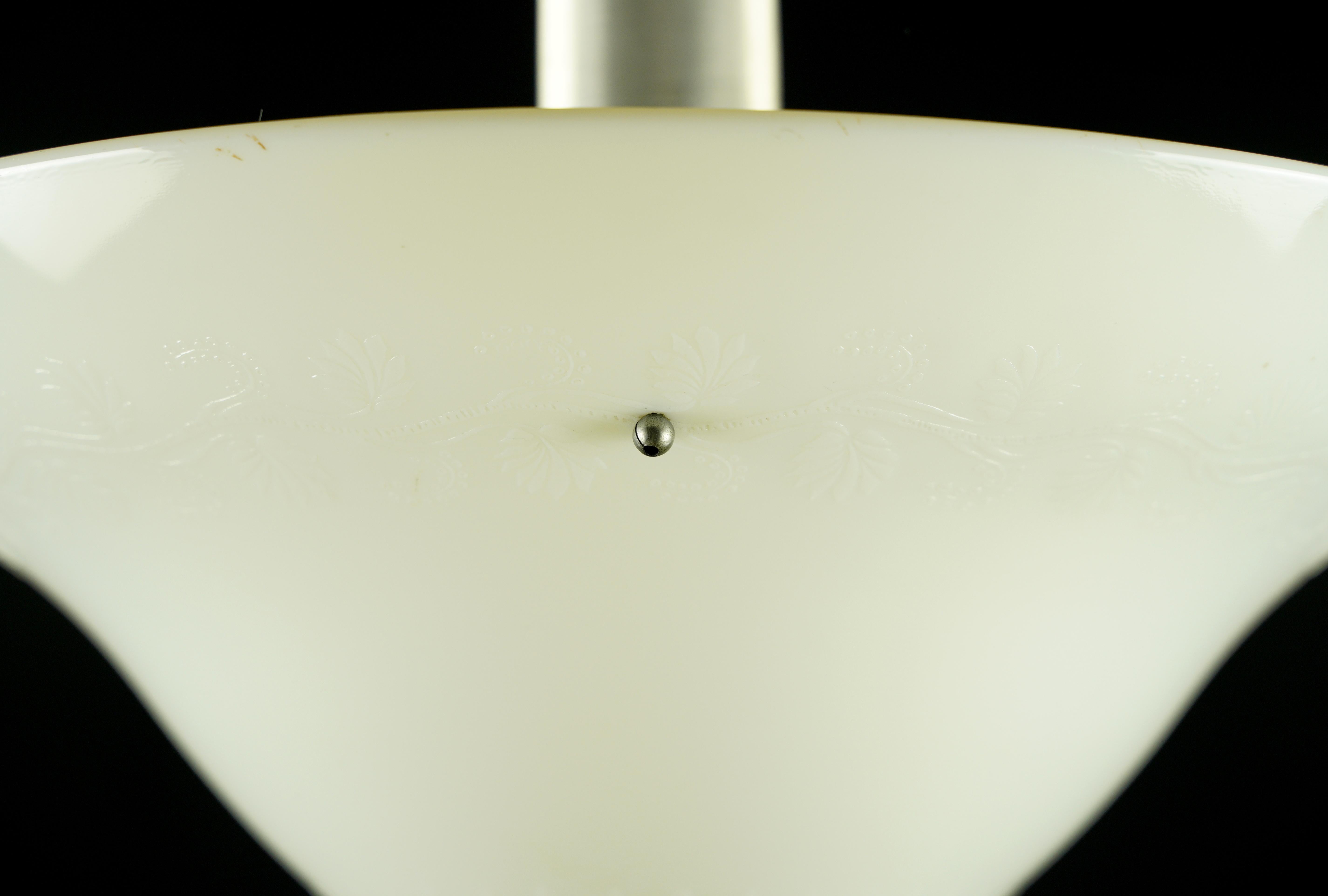 Modern White Textured Glass Brushed Steel Pole Pendant Light For Sale