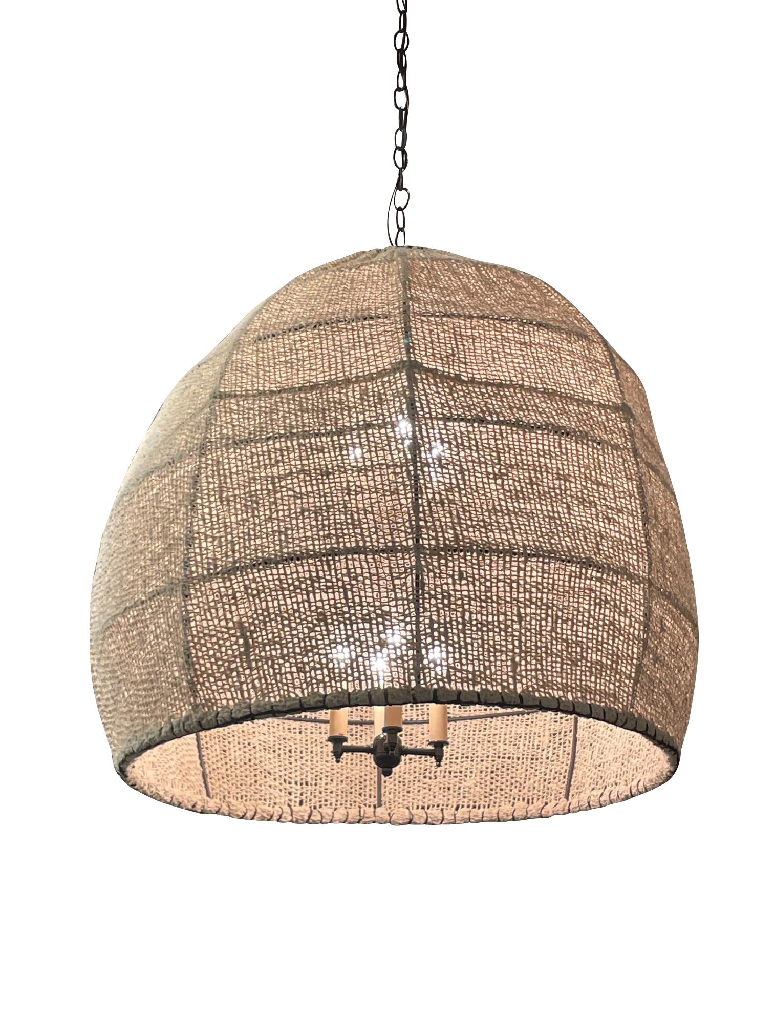Contemporary Afghanistan textured cotton slub fabric shade over metal frame.  
Dome shaped chandelier.
Fixture alone measures 22