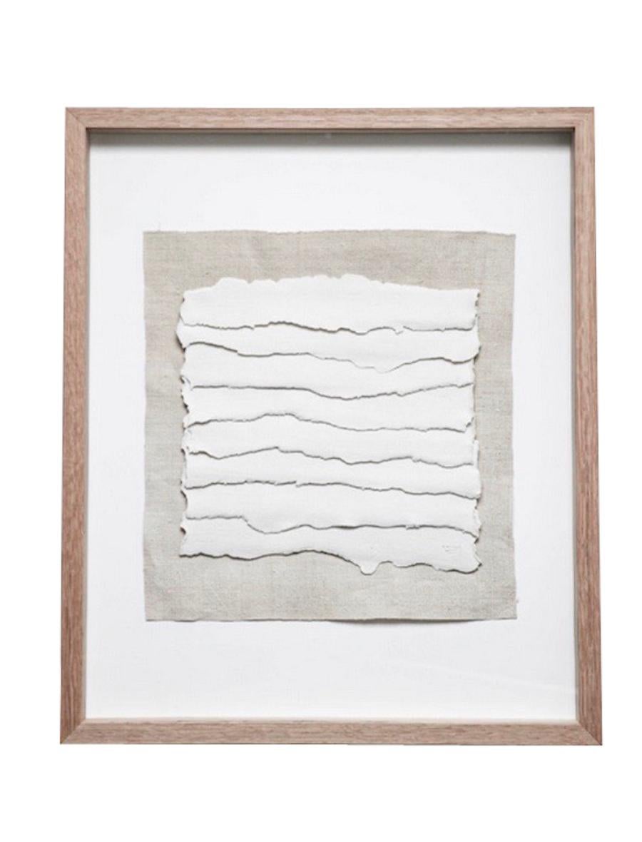 Handmade and free form strips of linen textured porcelain strips framed in light oak frames.
Mounted on linen
Two framed pieces available (P1312) 
See image #4.
  