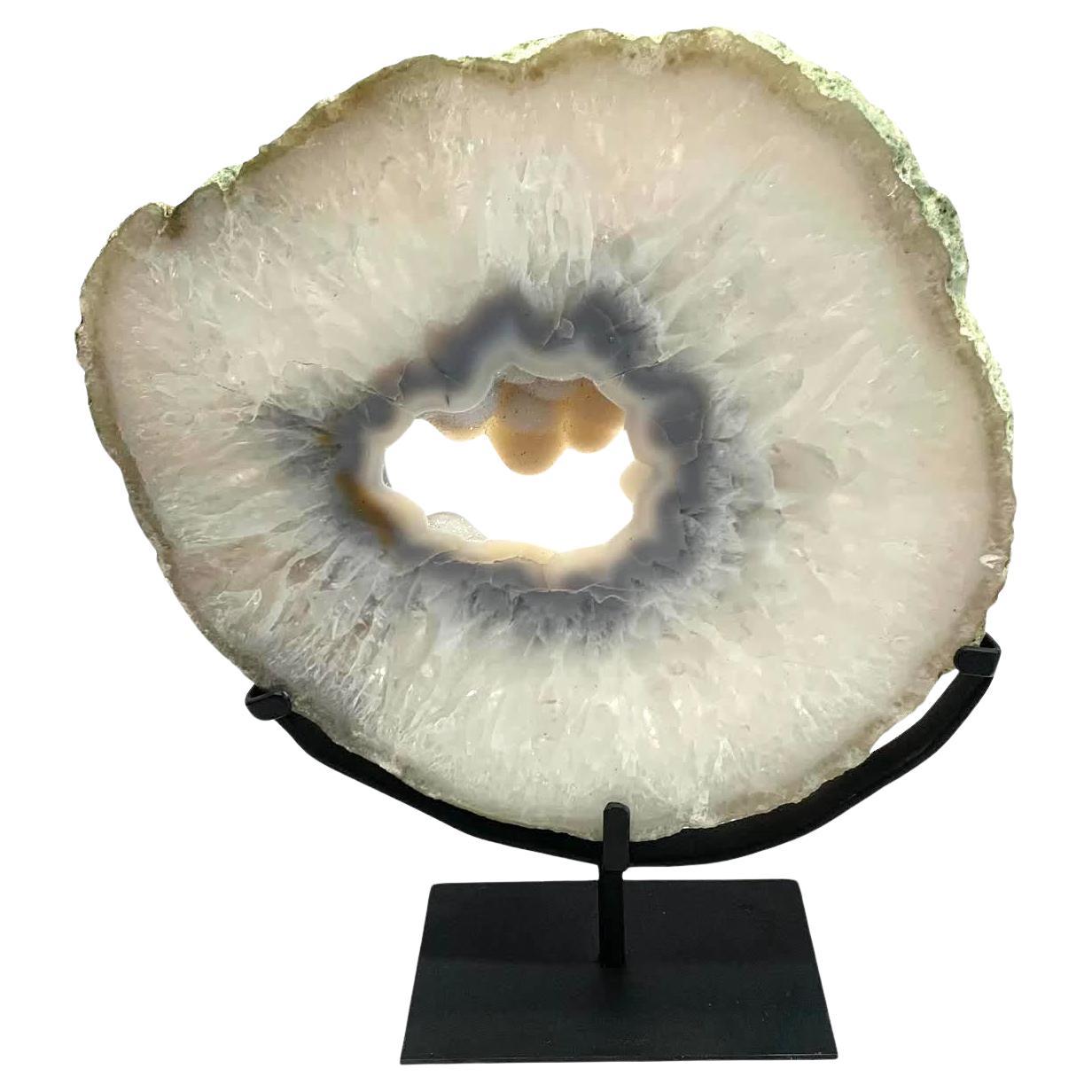 White Thick Agate Geode On Stand, Brazil, Prehistoric For Sale