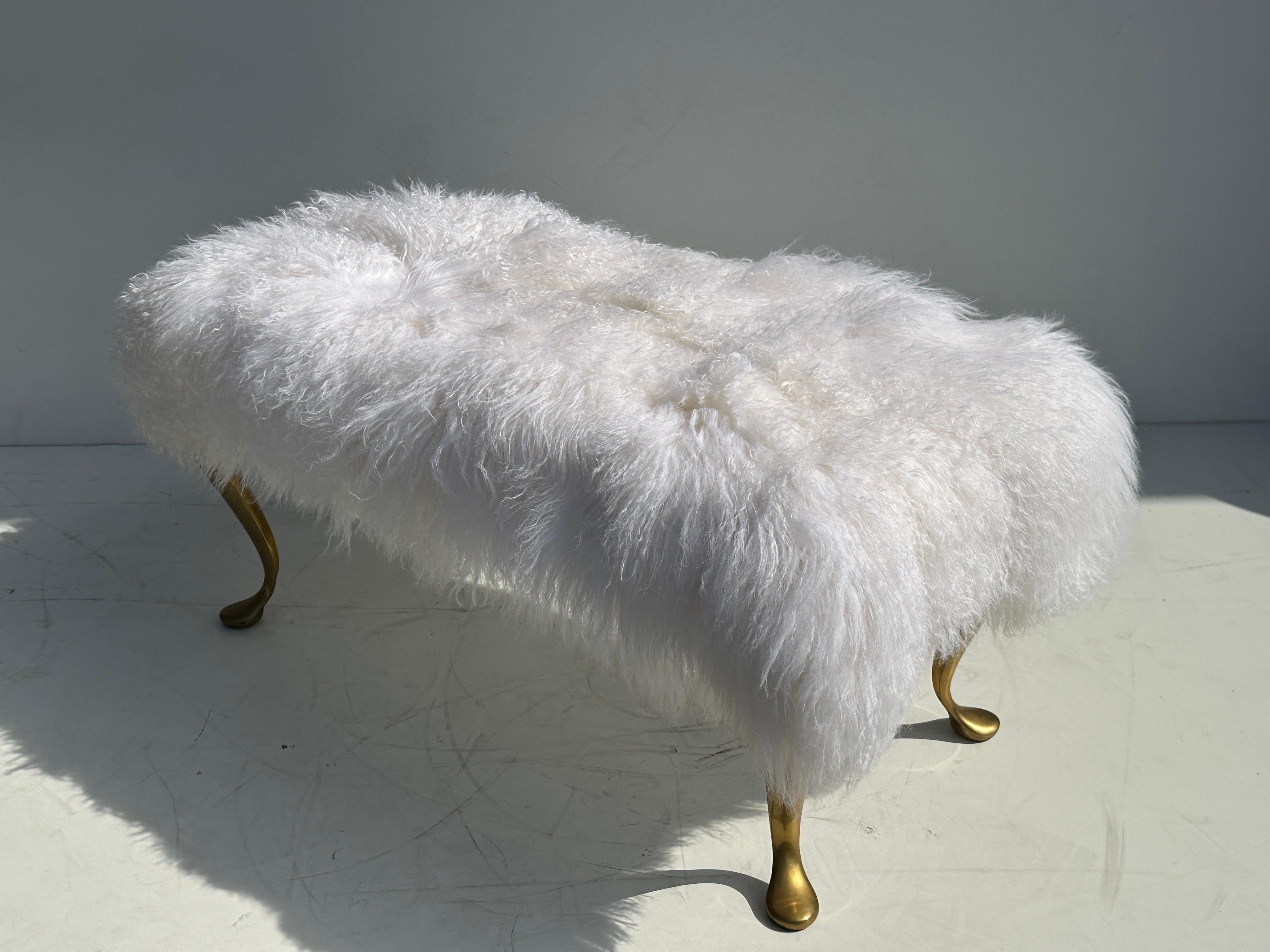 Hollywood Regency White Tibetan Fur Bench For Sale