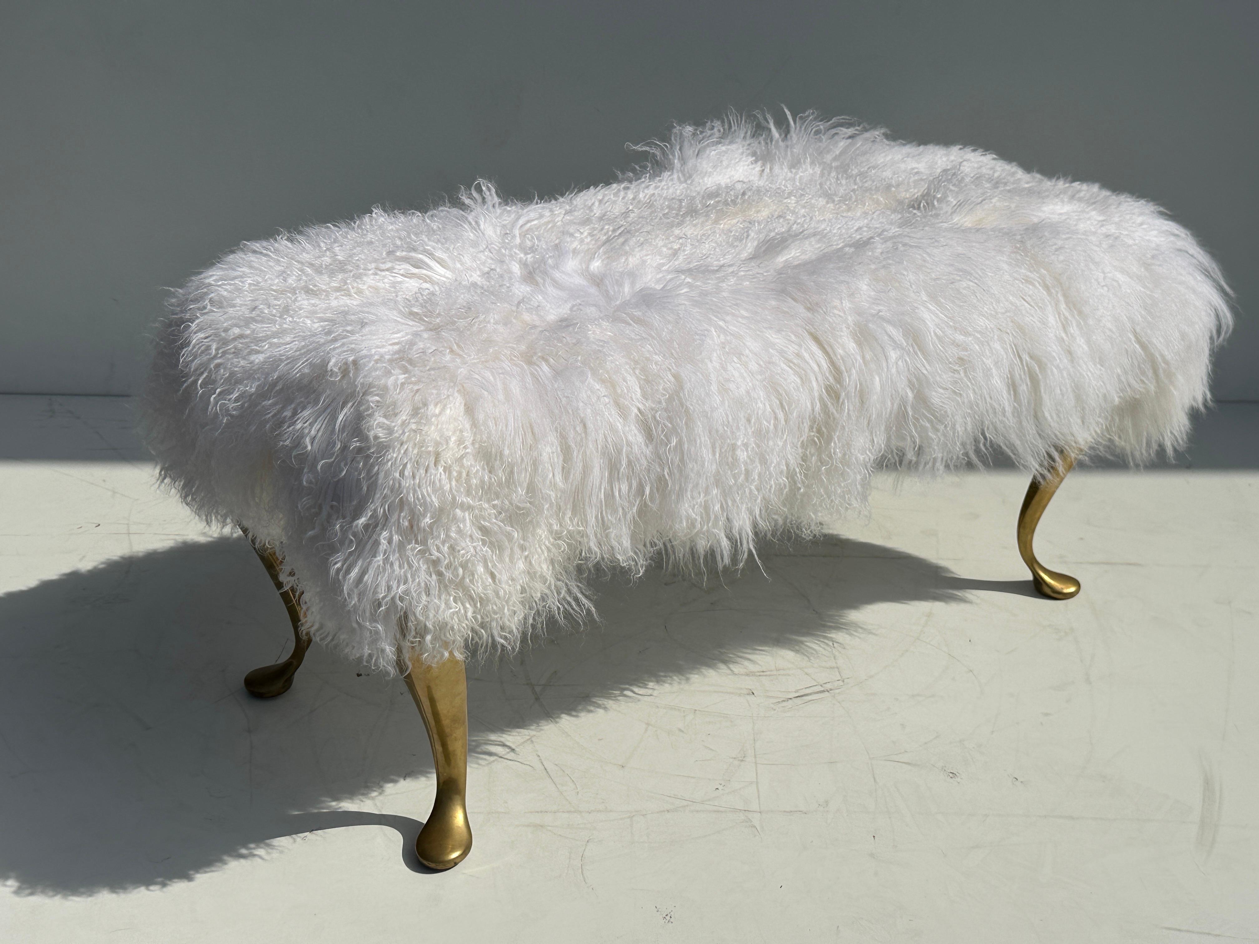 Patinated White Tibetan Fur Bench For Sale