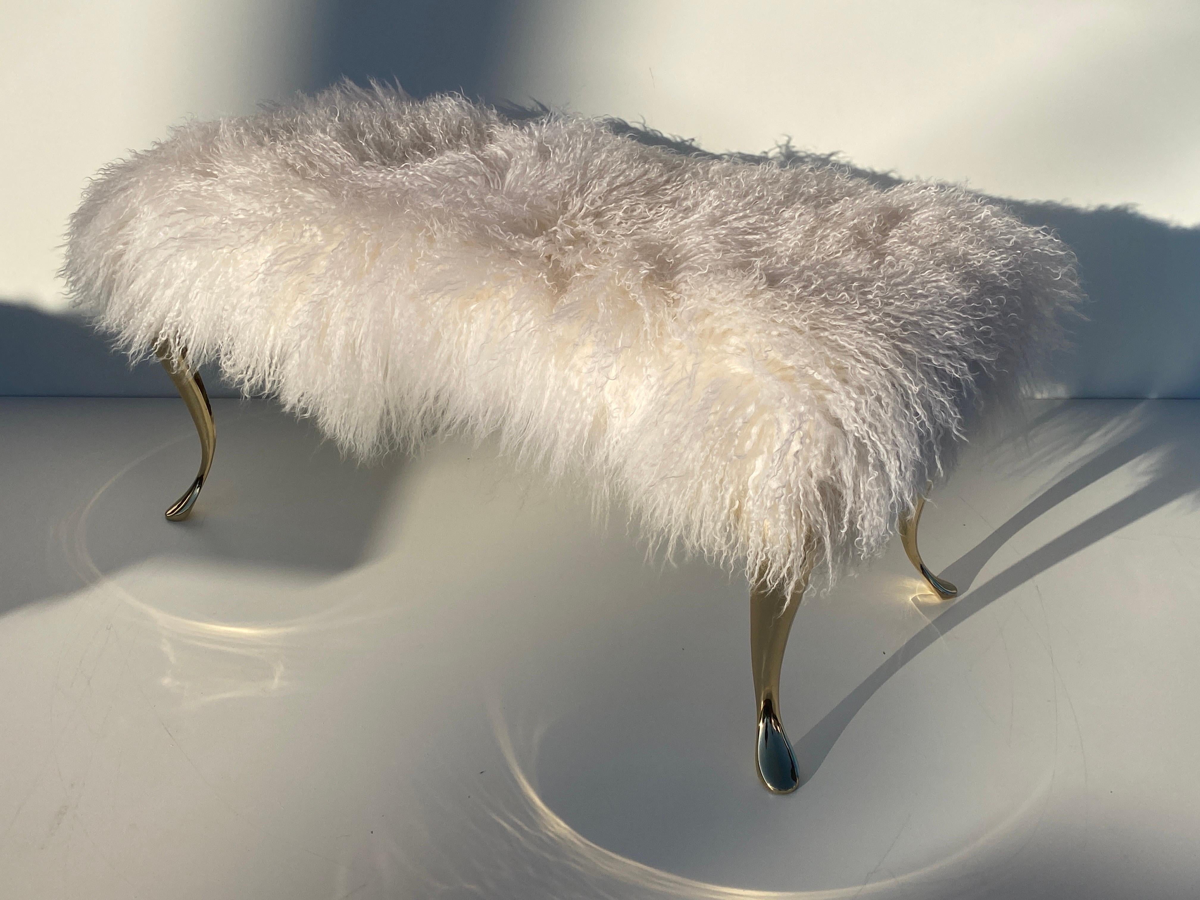 Hollywood Regency White Tibetan Fur Bench with Brass Legs