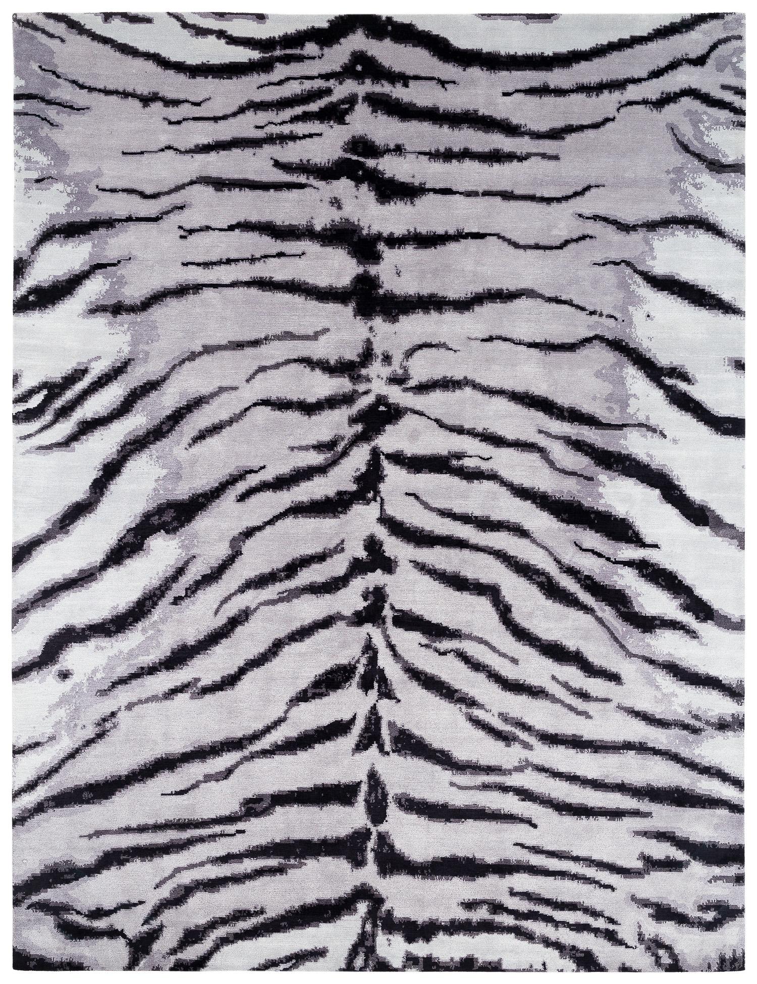 White Tiger Modern Animal Print Handmade Luxury Silk Area Rug by Joseph Carini For Sale 4