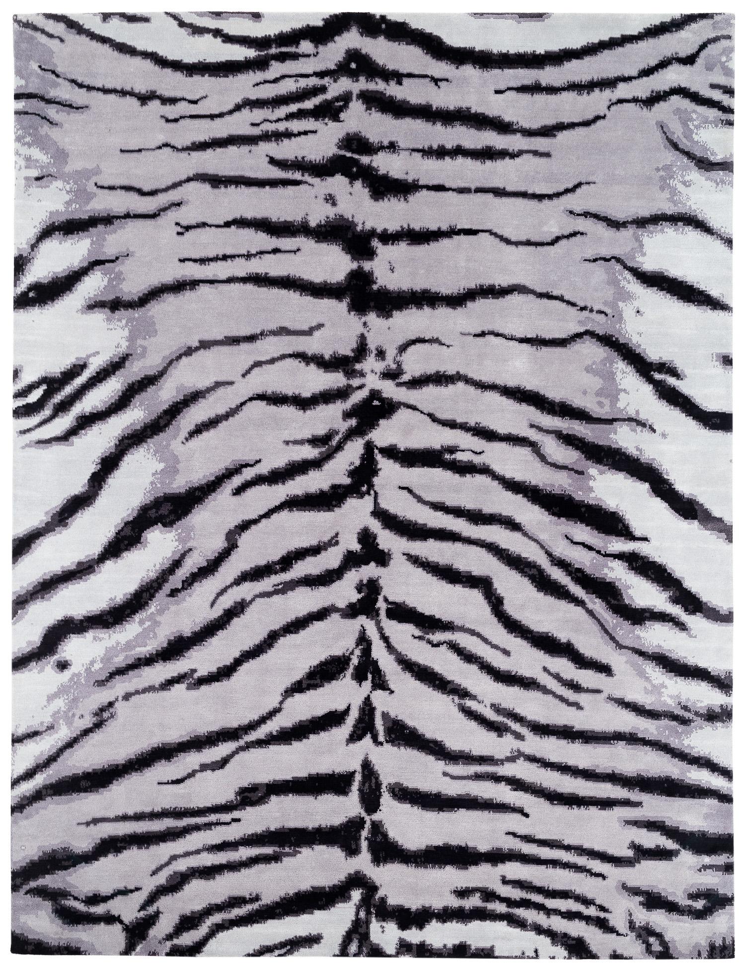 White Tiger Modern Animal Print Handmade Luxury Silk Area Rug by Joseph Carini For Sale 6