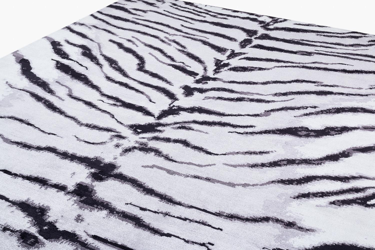 Nepalese White Tiger Modern Animal Print Handmade Luxury Silk Area Rug by Joseph Carini For Sale