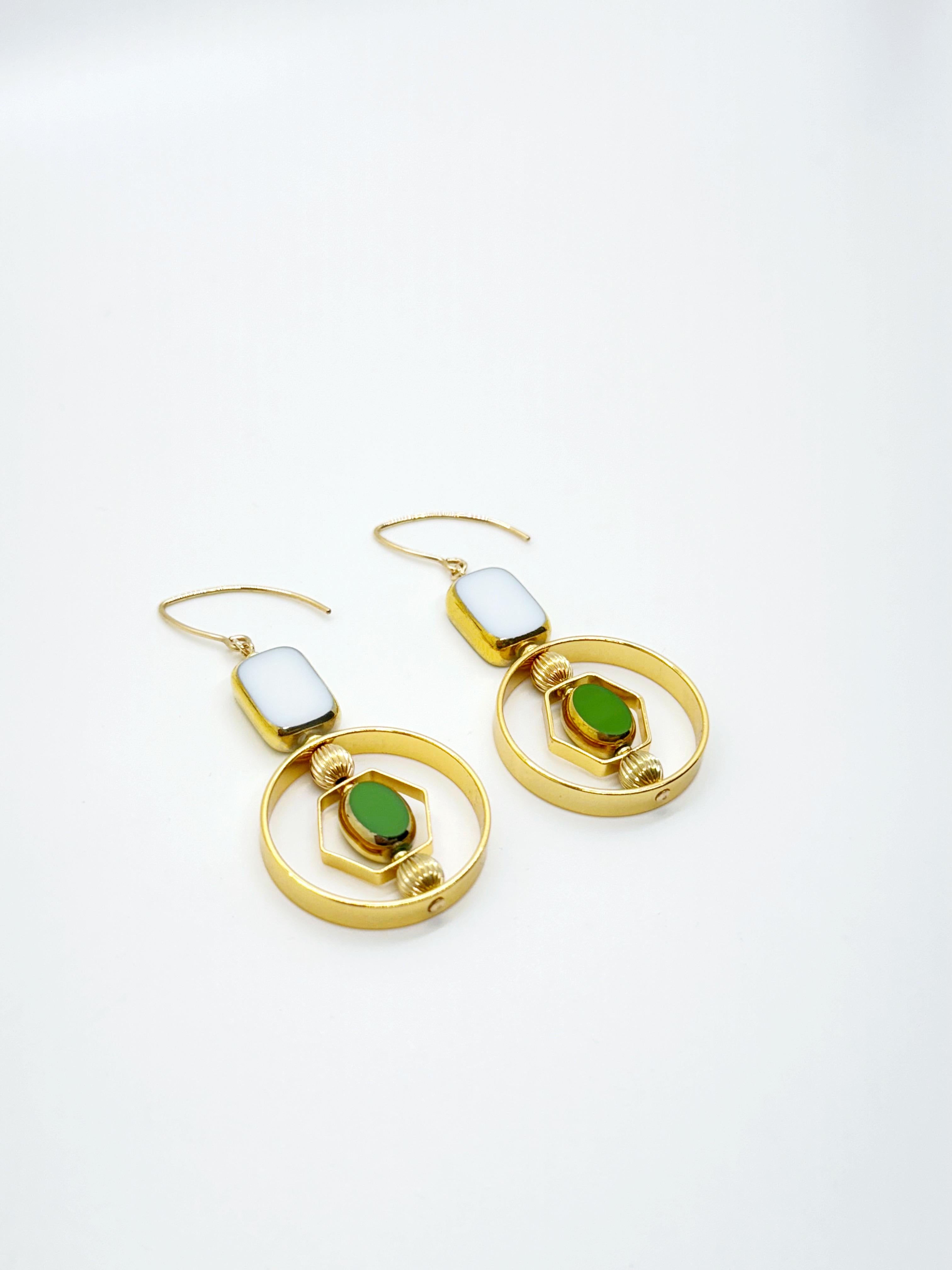 Women's White Tile Shape and Small Green Oval Art Deco 2407E Earrings