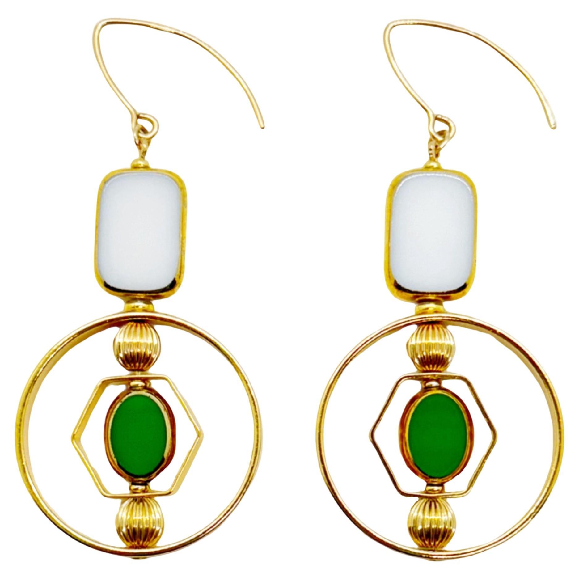 White Tile Shape and Small Green Oval Art Deco 2407E Earrings