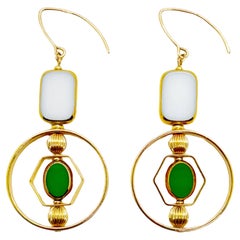White Tile Shape and Small Green Oval Art Deco 2407E Earrings