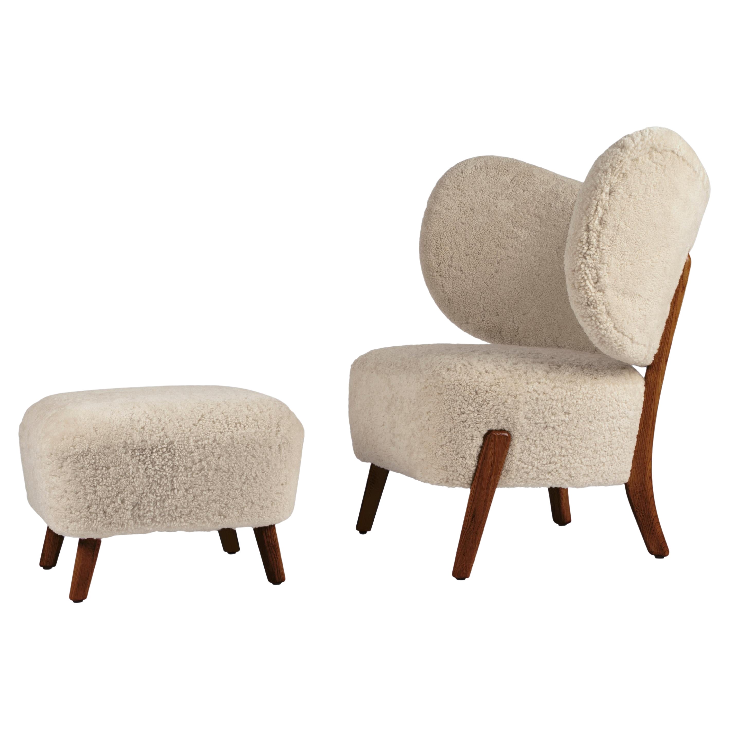 Weißes TMBO Lounge Chair & Pouf Set in Eiche und Moonlight Schafsleder von Mazo Design