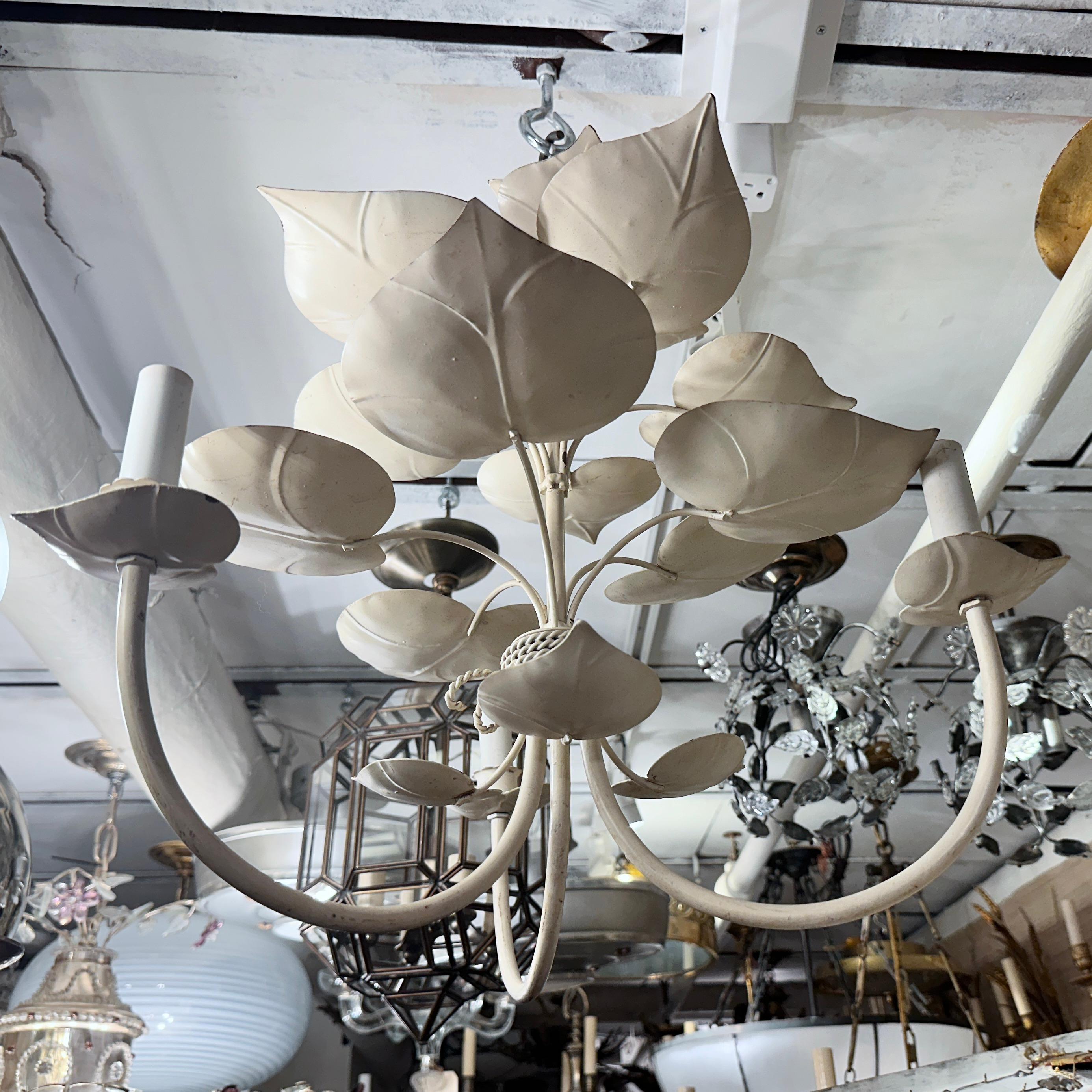 Metal White Tole Foliage Chandelier For Sale
