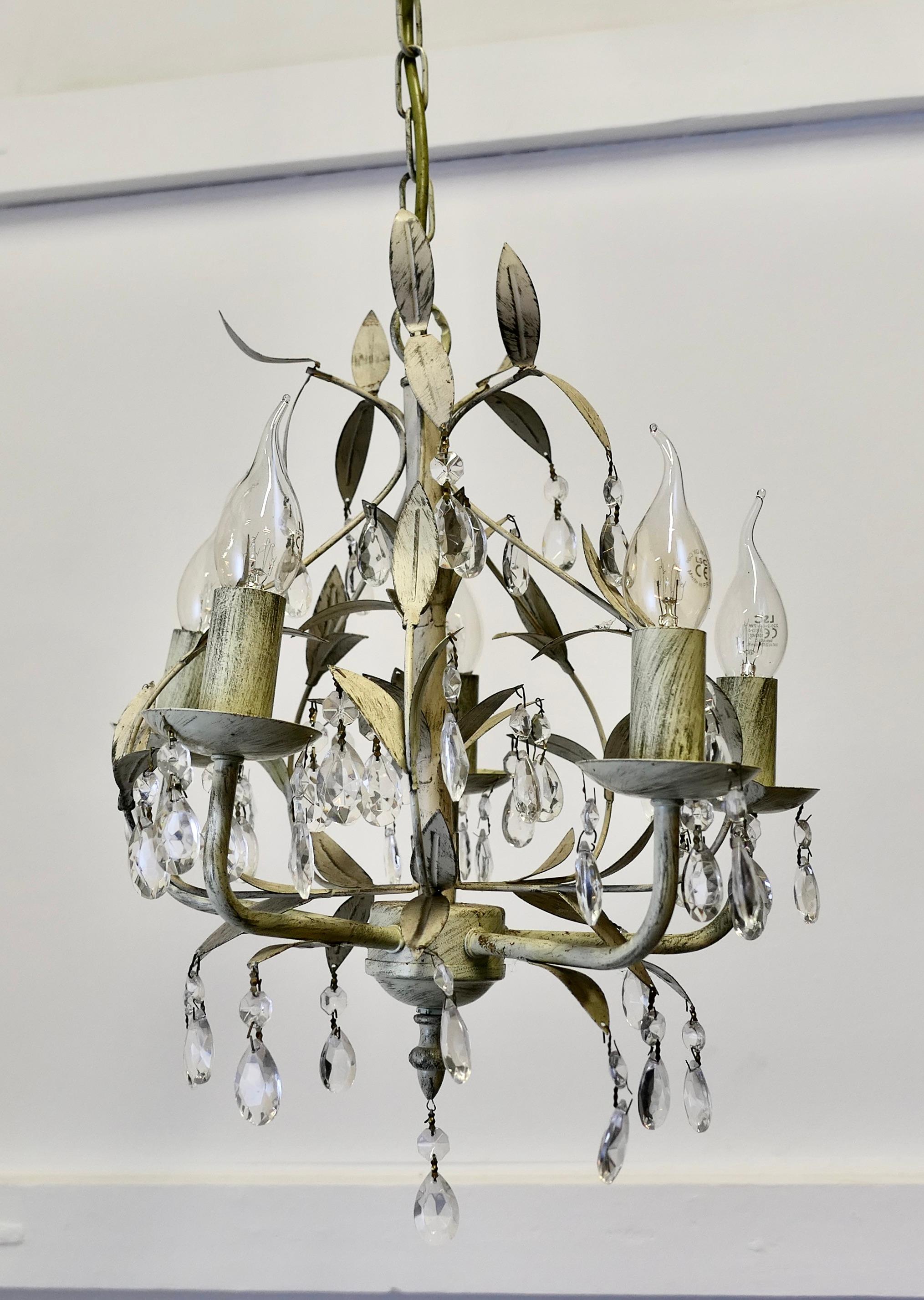 French Provincial White Toleware Open Basket Ceiling Chandelier   A decorative circular ceiling l For Sale