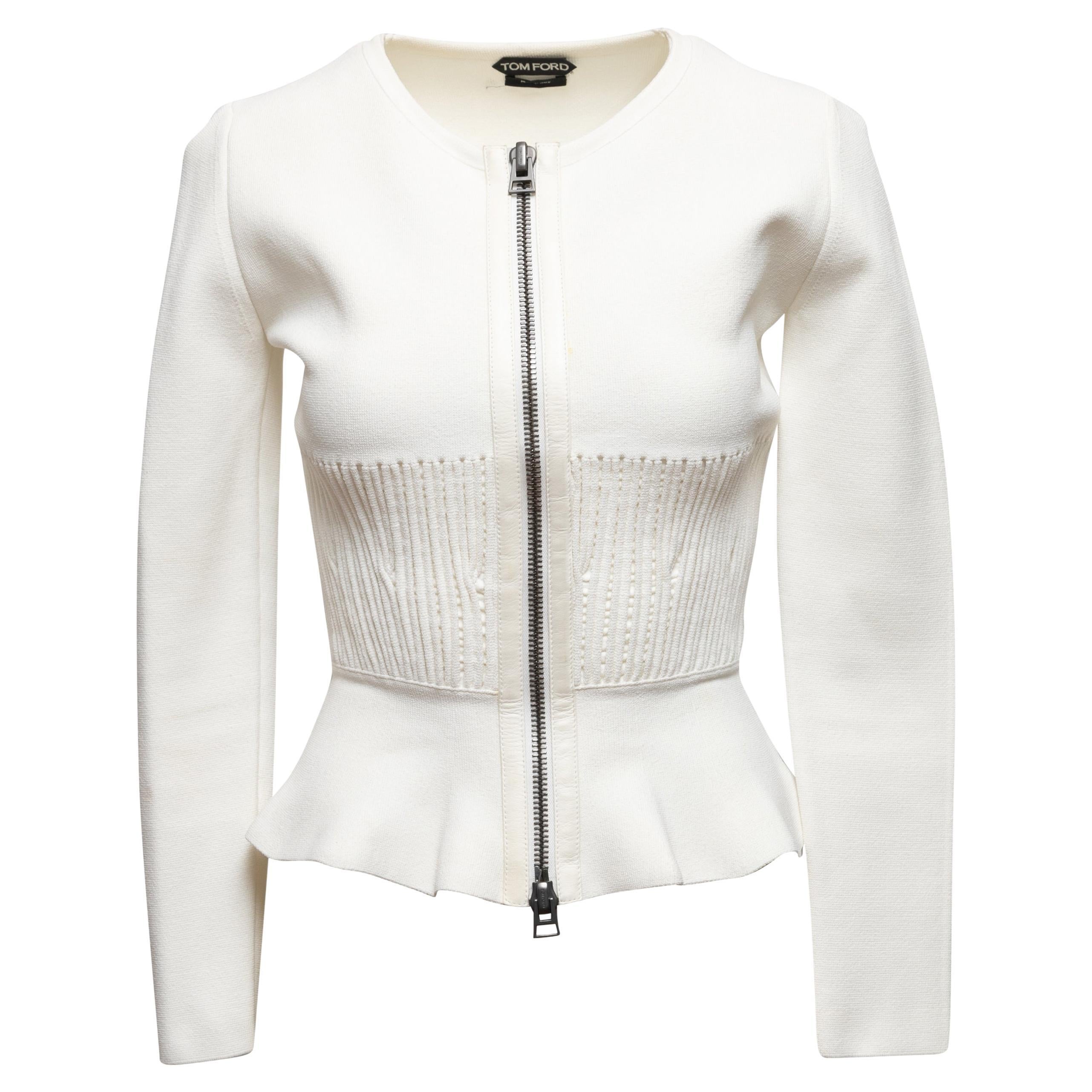 White Tom Ford Leather-trimmed Zip-Up Cardigan