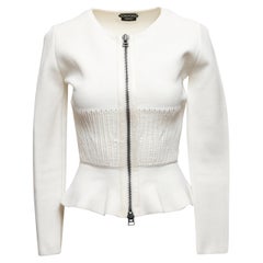 Weiße Tom Ford Strickjacke mit Lederbesatz und Reißverschluss