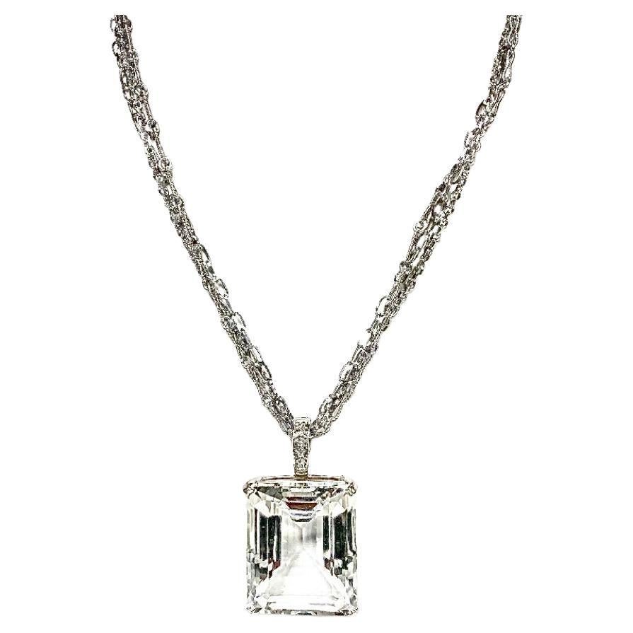 80 Carats White Topaz Pendant with Pave Diamonds Chain Necklace For Sale