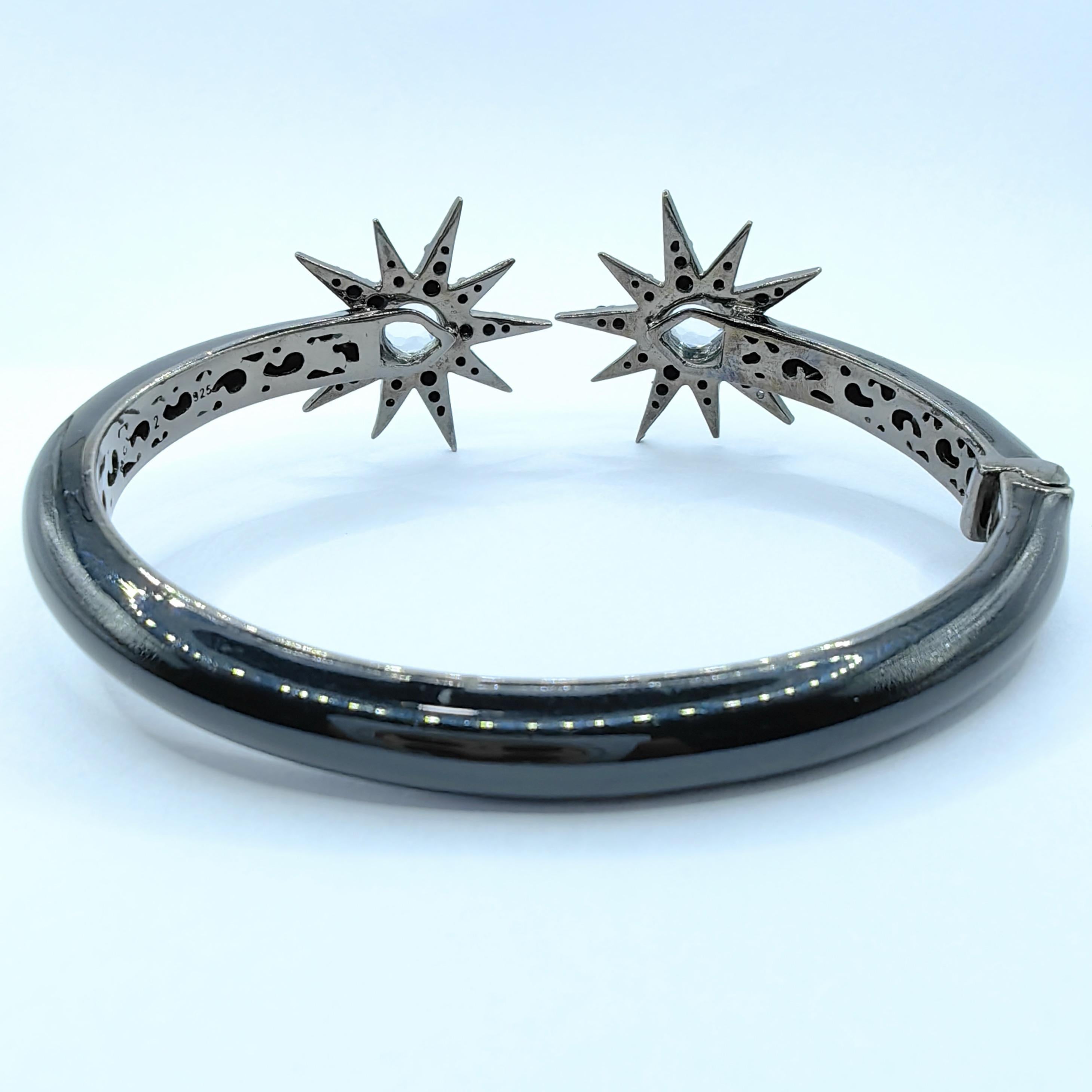 Contemporary White Topaz and Black Sapphire Starburst Motif Cuff Bracelet in Sterling Silver