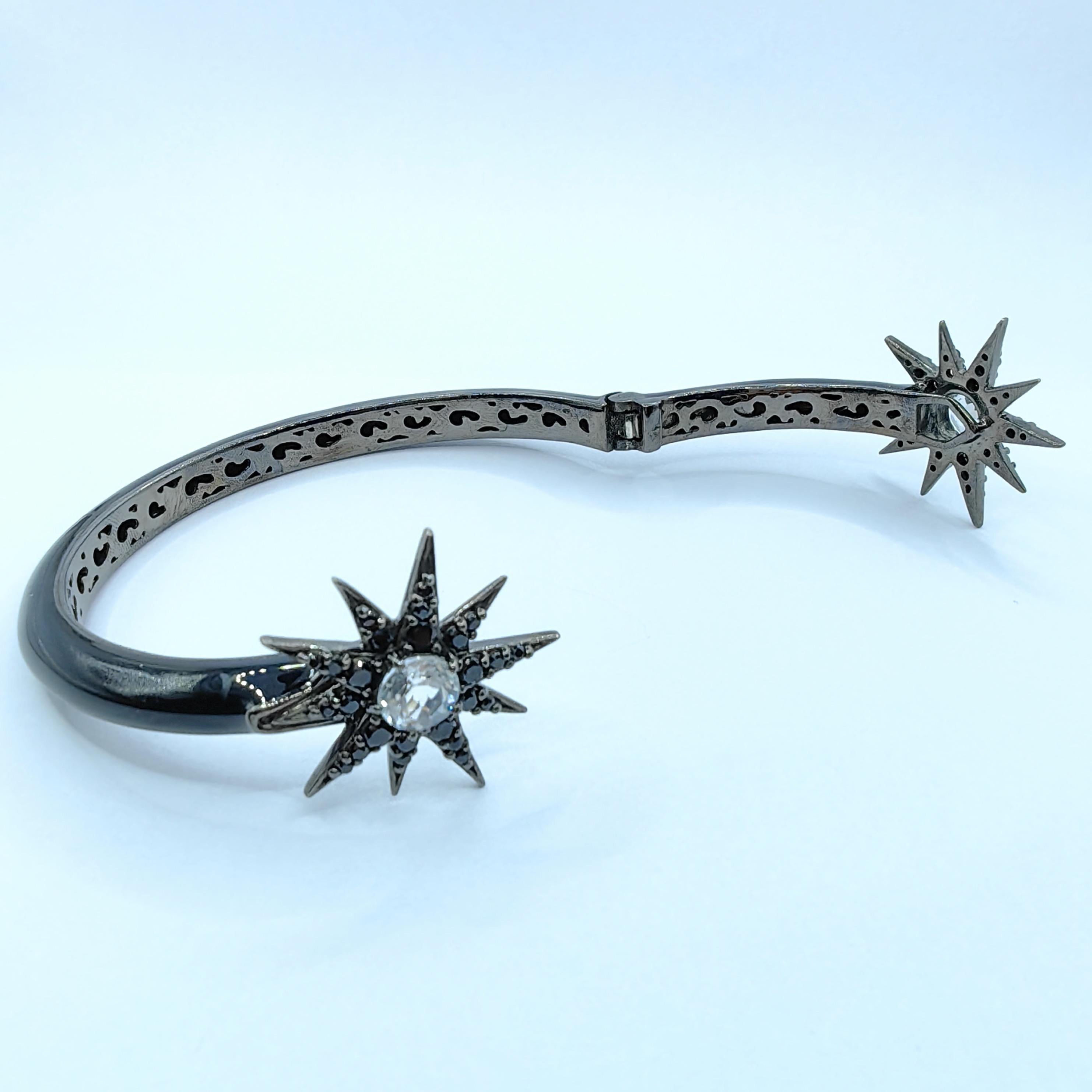 Women's or Men's White Topaz and Black Sapphire Starburst Motif Cuff Bracelet in Sterling Silver