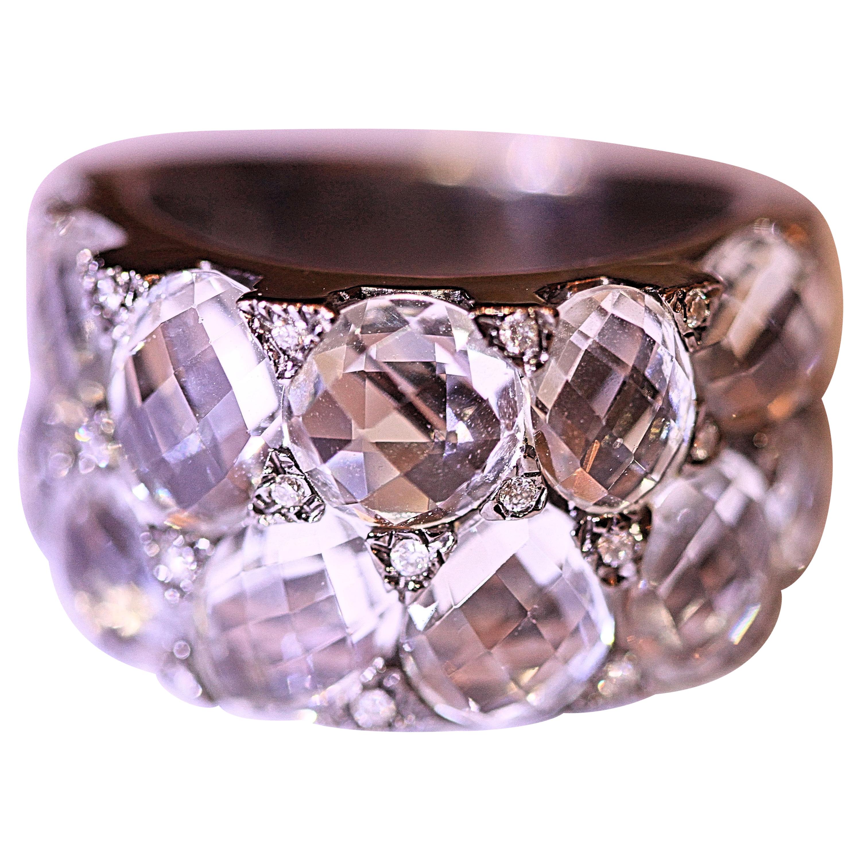 White Topaz and Diamond Band Ring 14 Karat White Gold Rhodium-Plated For Sale