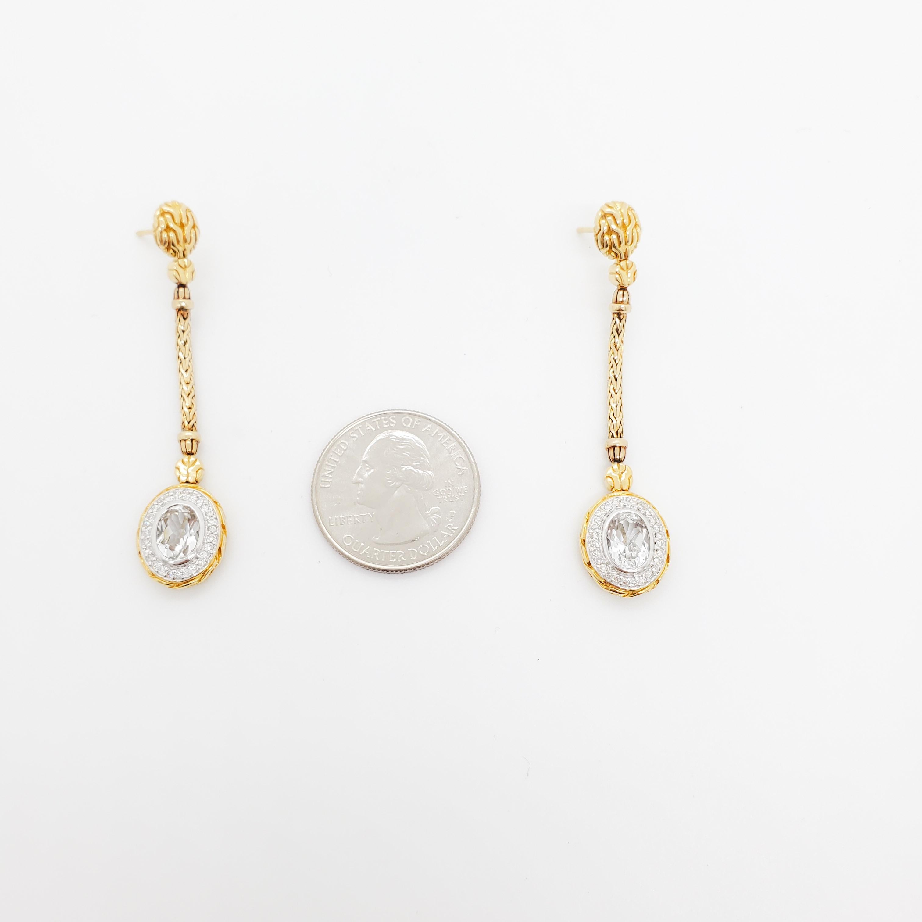 Oval Cut White Topaz and Diamond Dangle Earrings in 18k Yellow Gold For Sale
