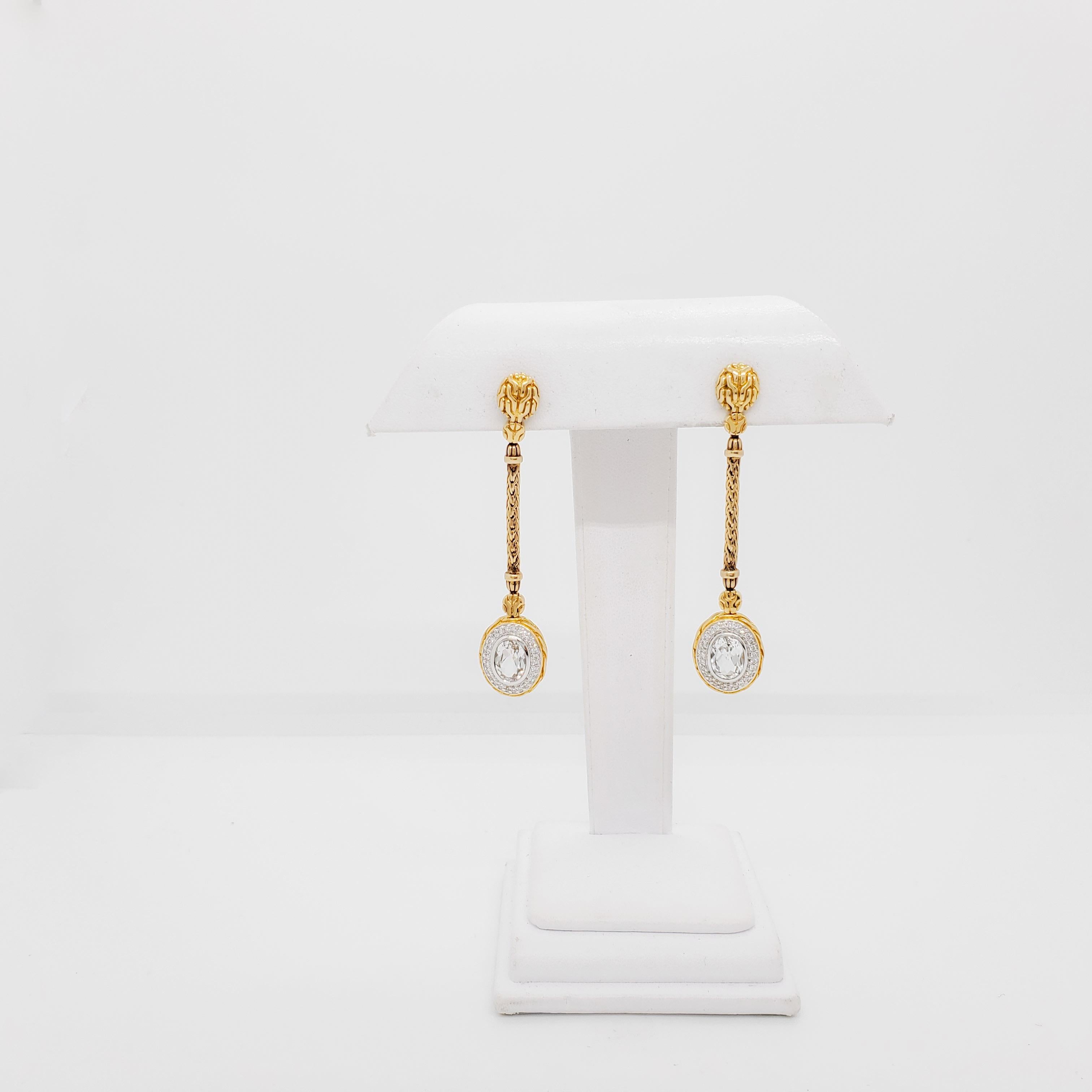 Women's or Men's White Topaz and Diamond Dangle Earrings in 18k Yellow Gold For Sale