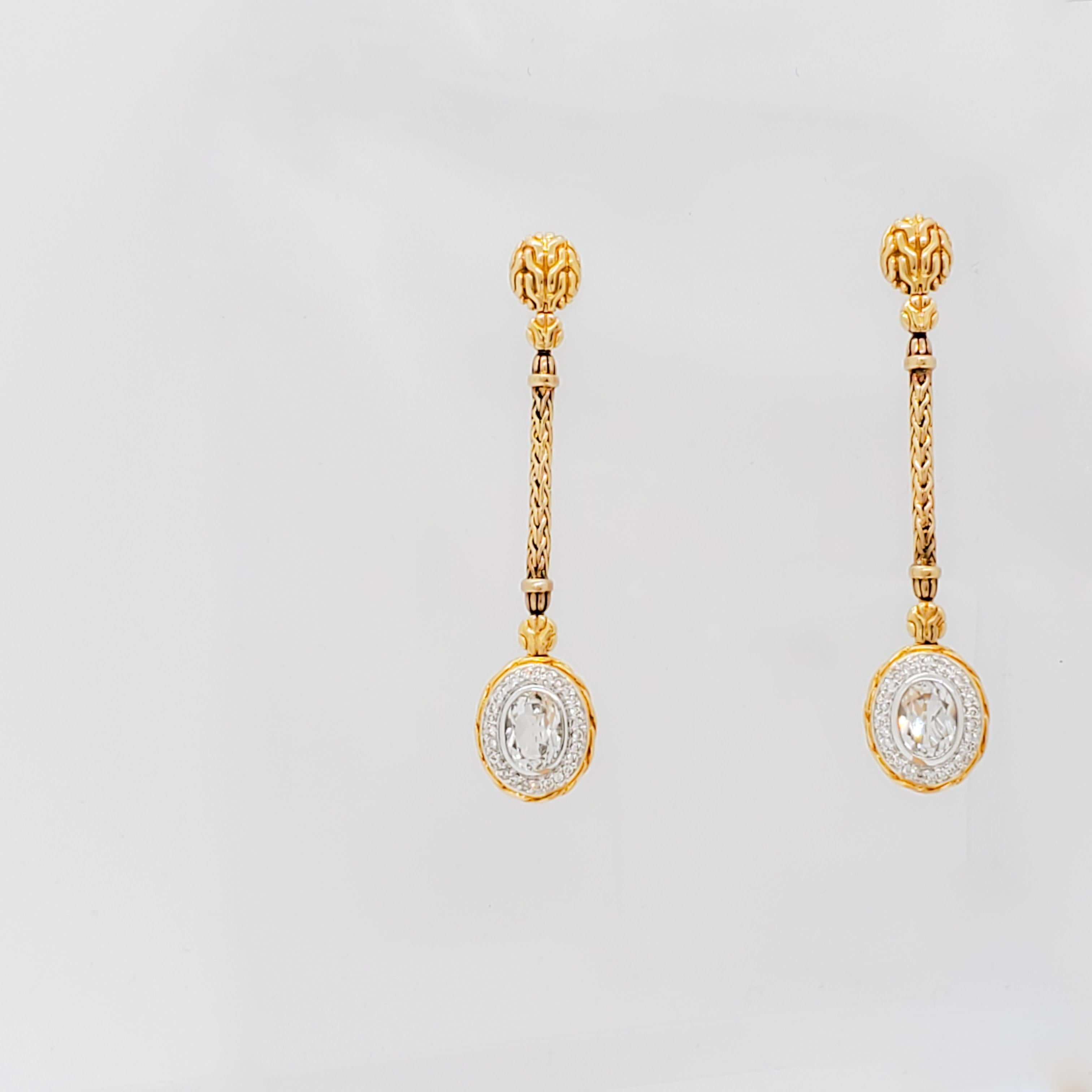 White Topaz and Diamond Dangle Earrings in 18k Yellow Gold For Sale 2