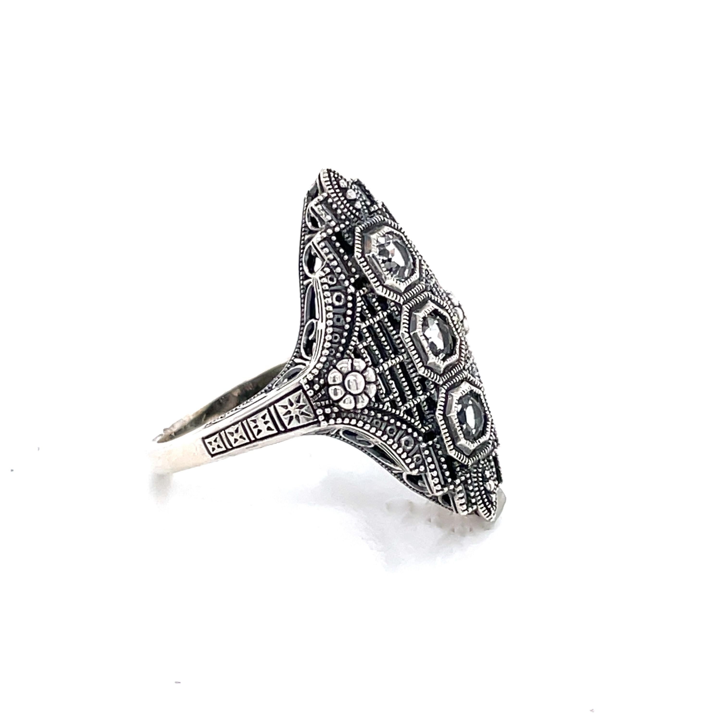 Antique Cushion Cut White Topaz Art Deco Style Sterling Silver Filigree Ring W Mini Vintage Box For Sale