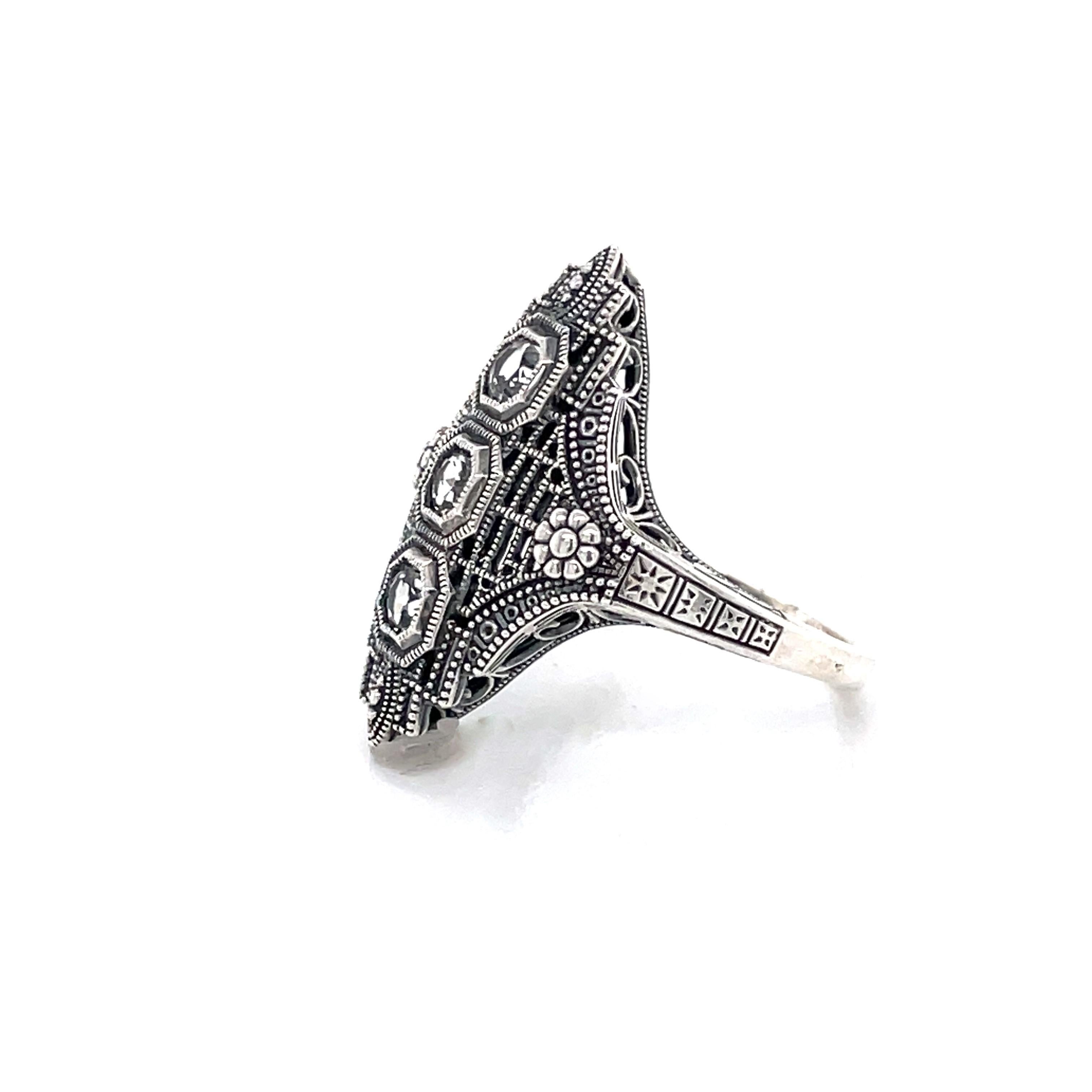 Women's White Topaz Art Deco Style Sterling Silver Filigree Ring W Mini Vintage Box For Sale