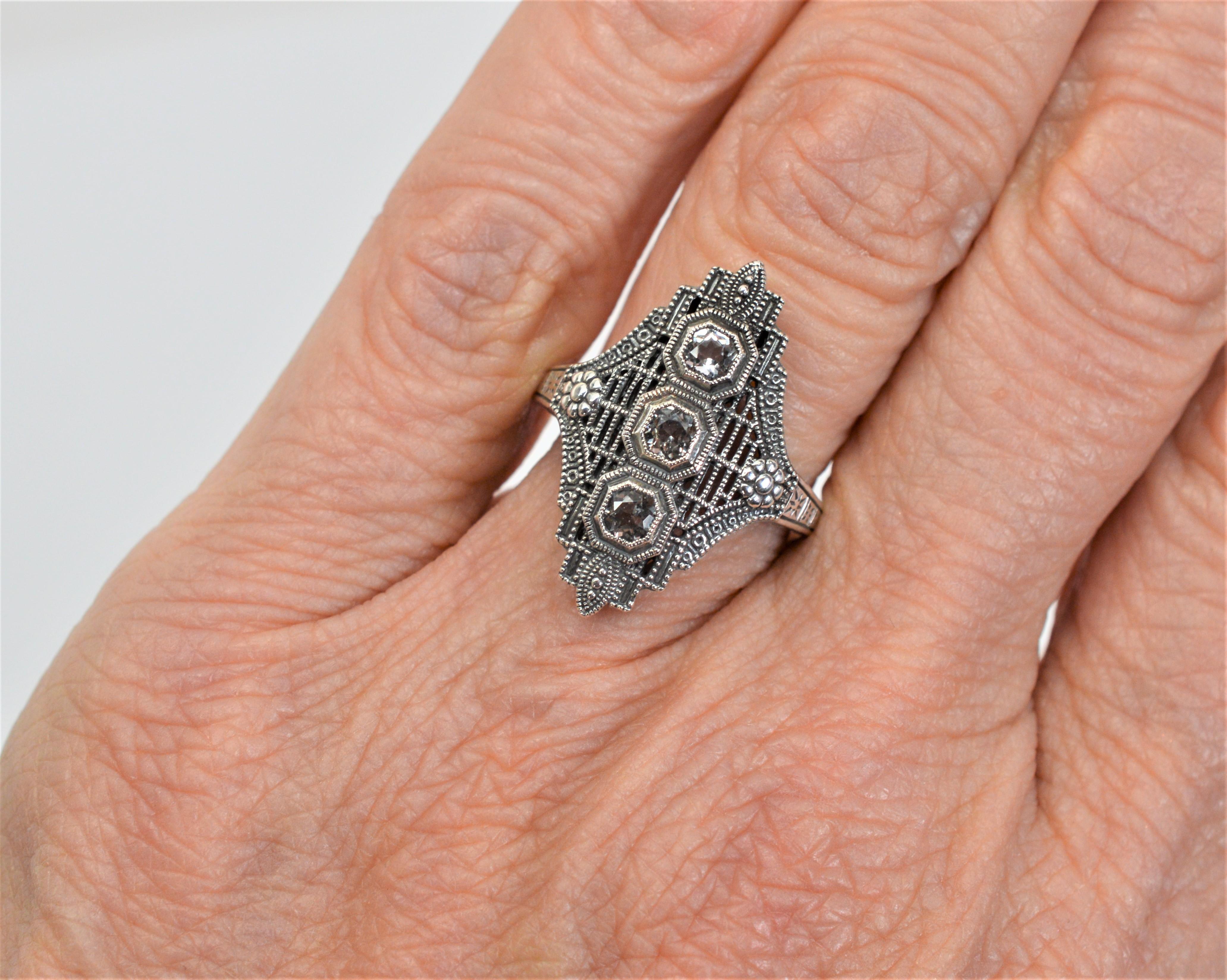 White Topaz Art Deco Style Sterling Silver Filigree Ring W Mini Vintage Box For Sale 1
