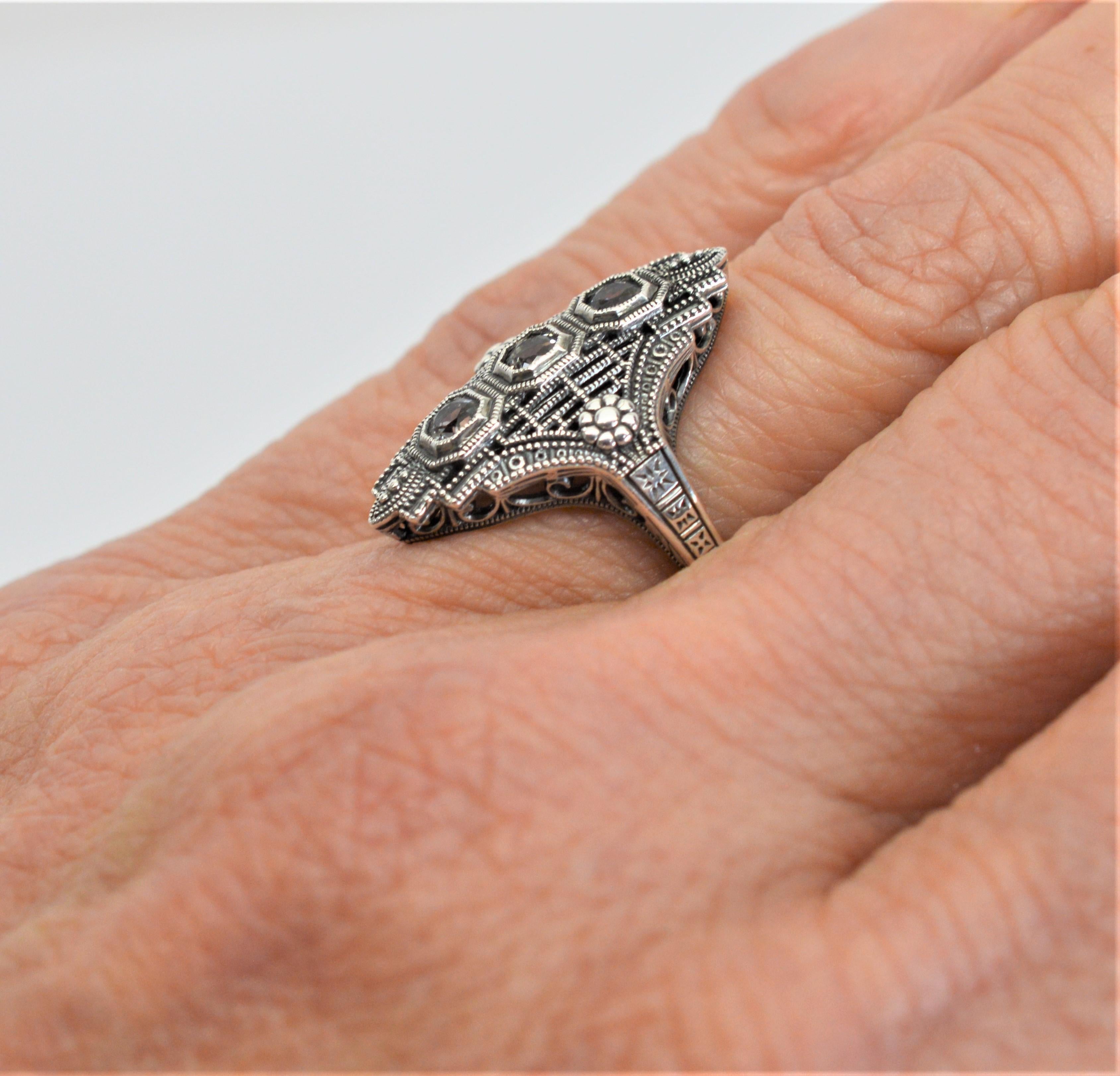 White Topaz Art Deco Style Sterling Silver Filigree Ring W Mini Vintage Box For Sale 2