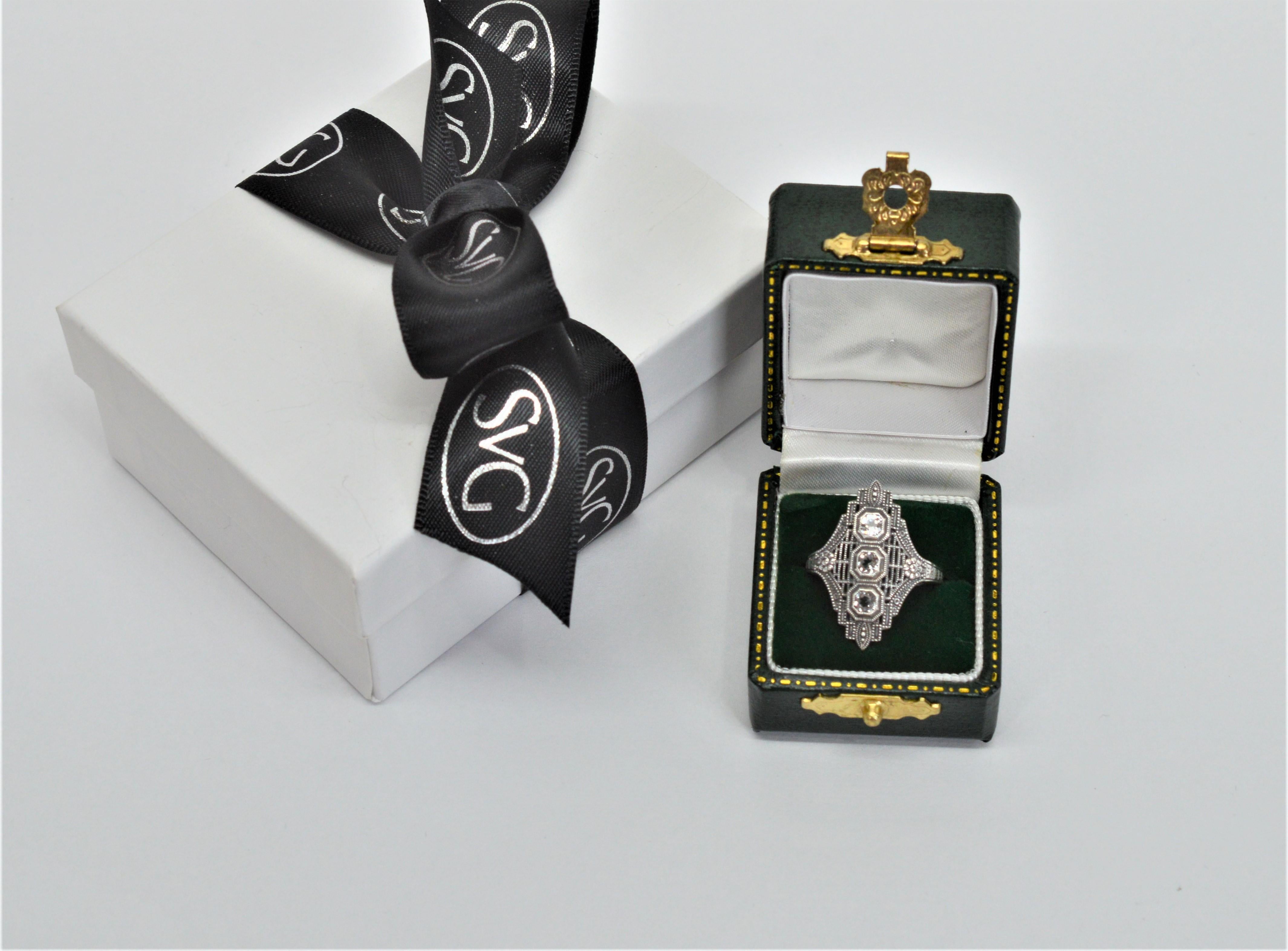 White Topaz Art Deco Style Sterling Silver Filigree Ring W Mini Vintage Box For Sale 3