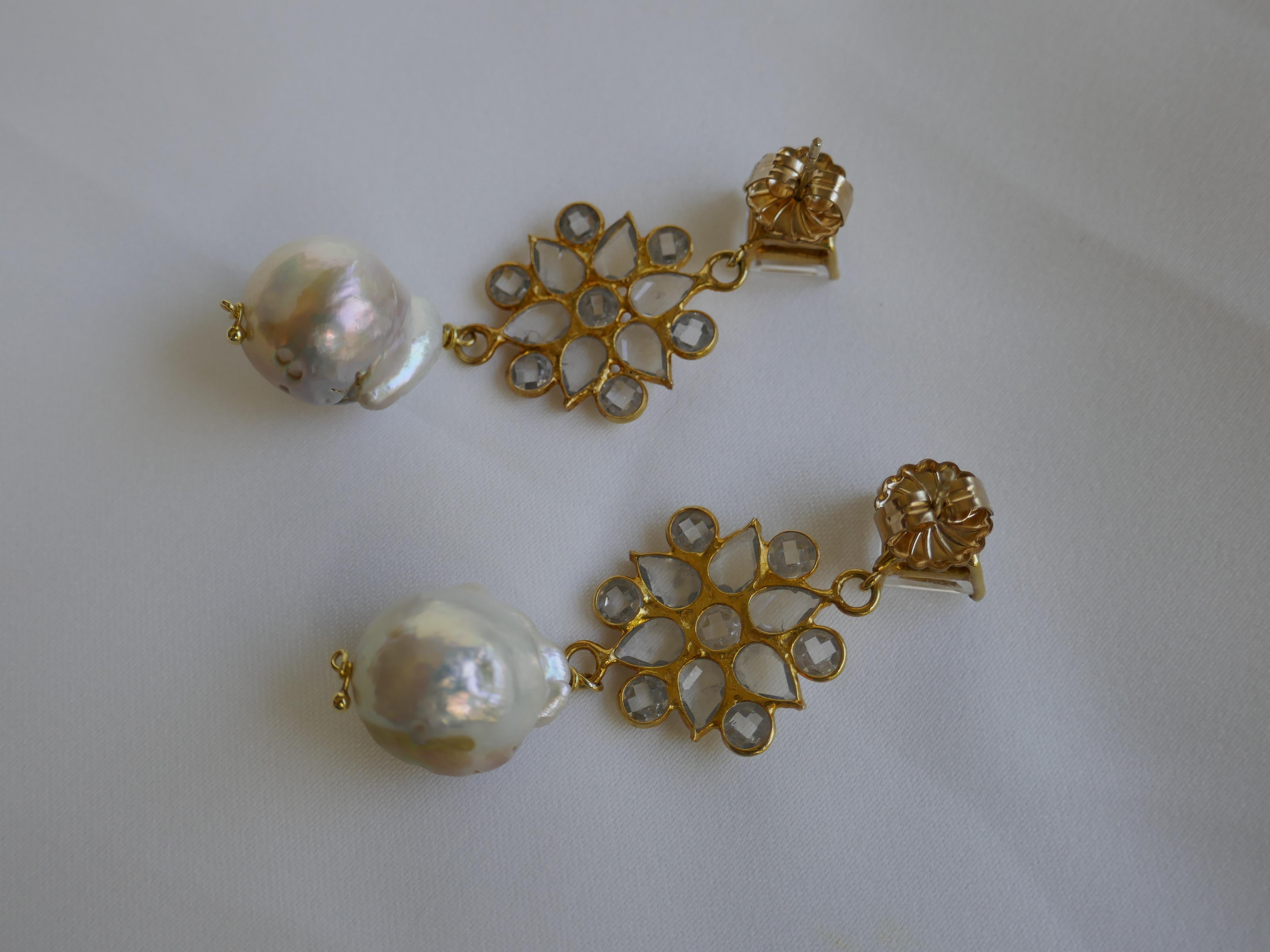 White Topaz Post Baroque Cultured Pearls 14k Plated 925 Sterling Silver Earrings In New Condition For Sale In Coral Gables, FL