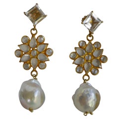 White Topaz Post Baroque Cultured Pearls 14k Plated 925 Sterling Silver Earrings