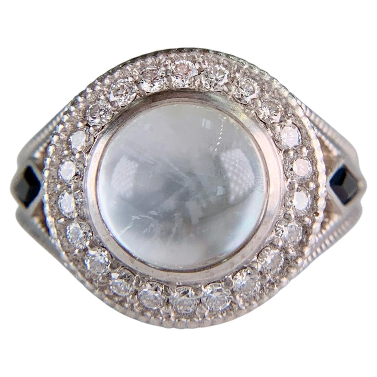 White Topaz Cabochon and Sapphire Diamond Ring 18k White Gold For Sale