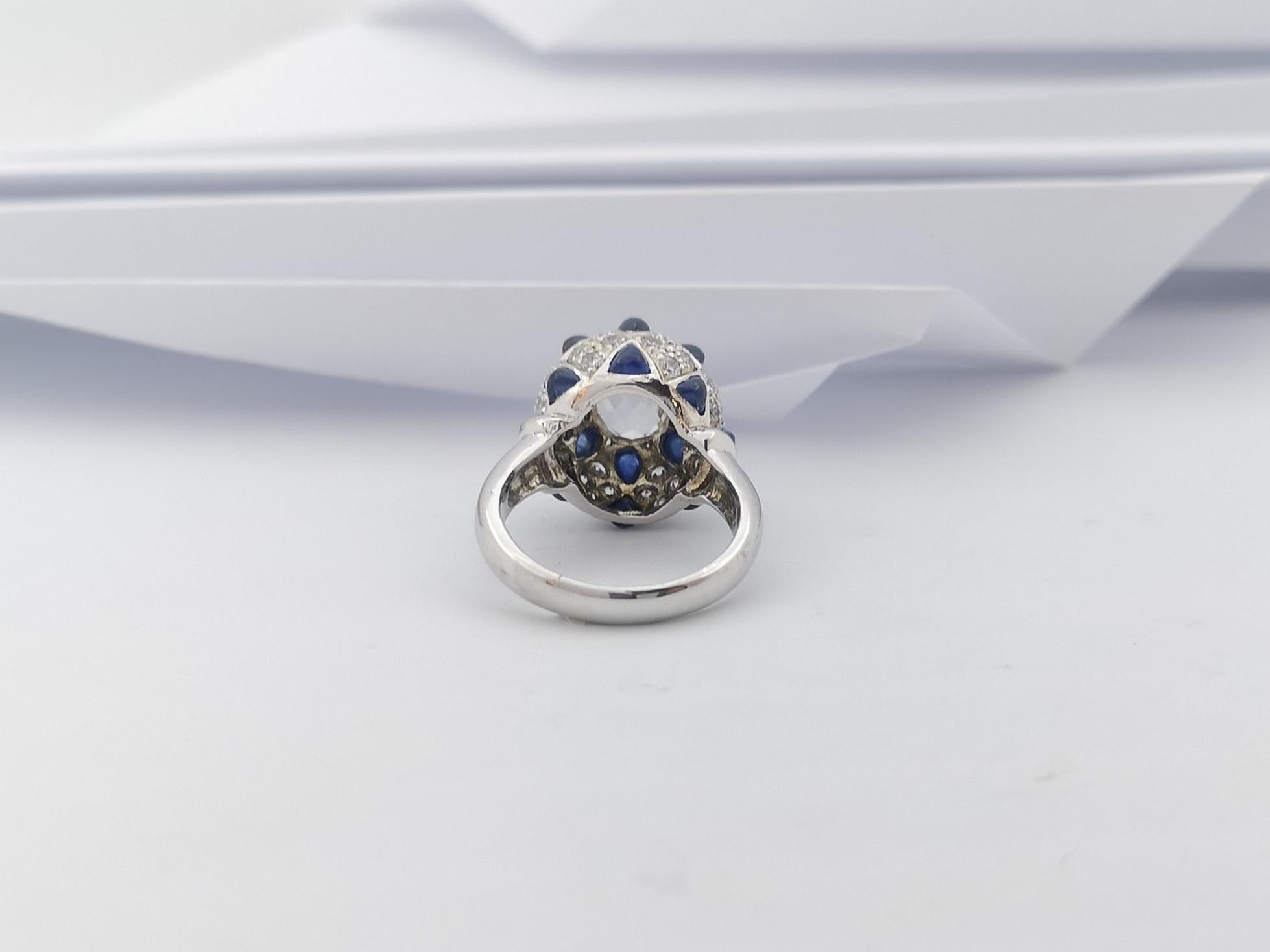 White Topaz, Cabochon Blue Sapphire with Cubic Zirconia Ring in Silver Settings For Sale 2