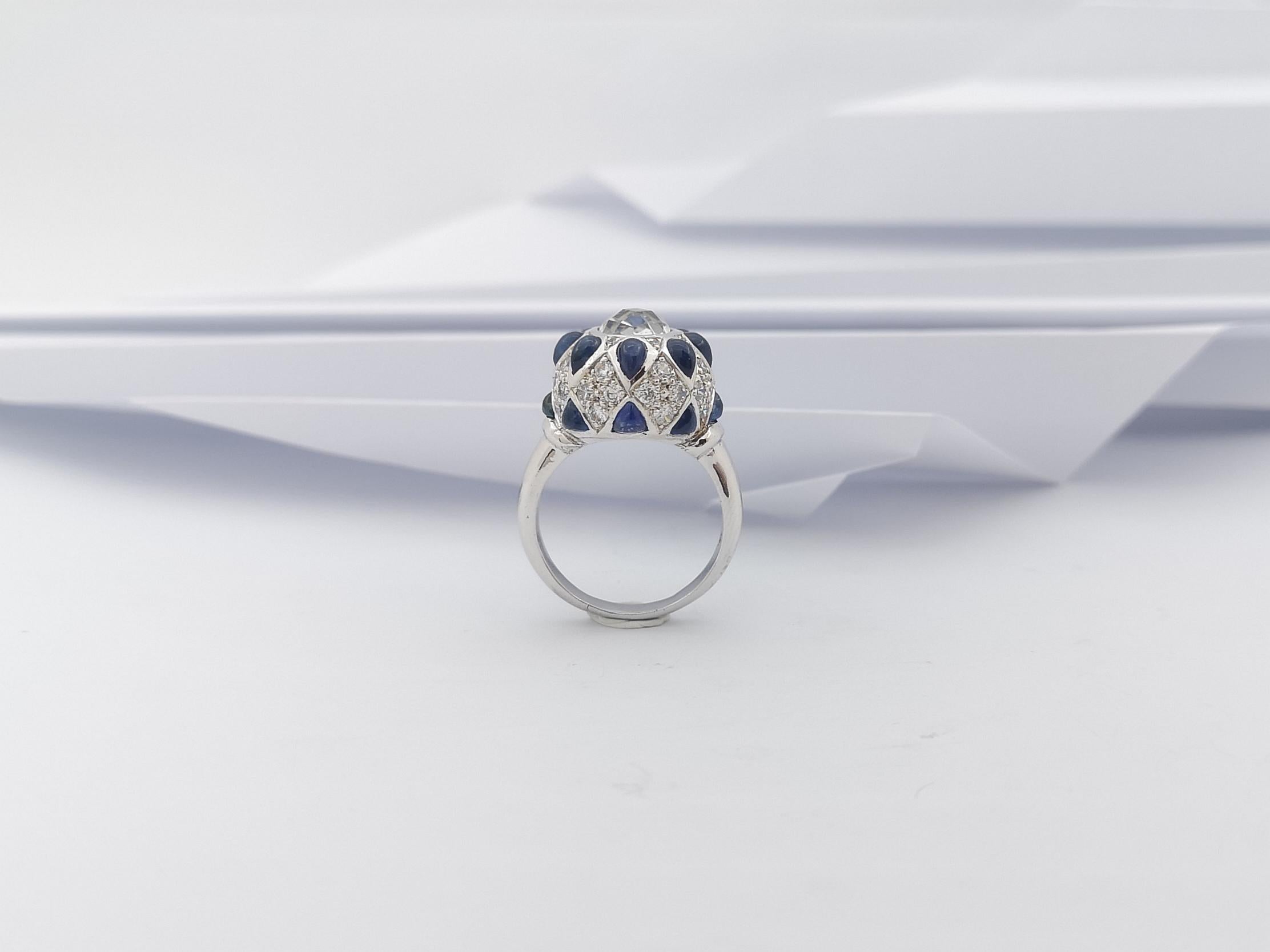 White Topaz, Cabochon Blue Sapphire with Cubic Zirconia Ring in Silver Settings For Sale 3