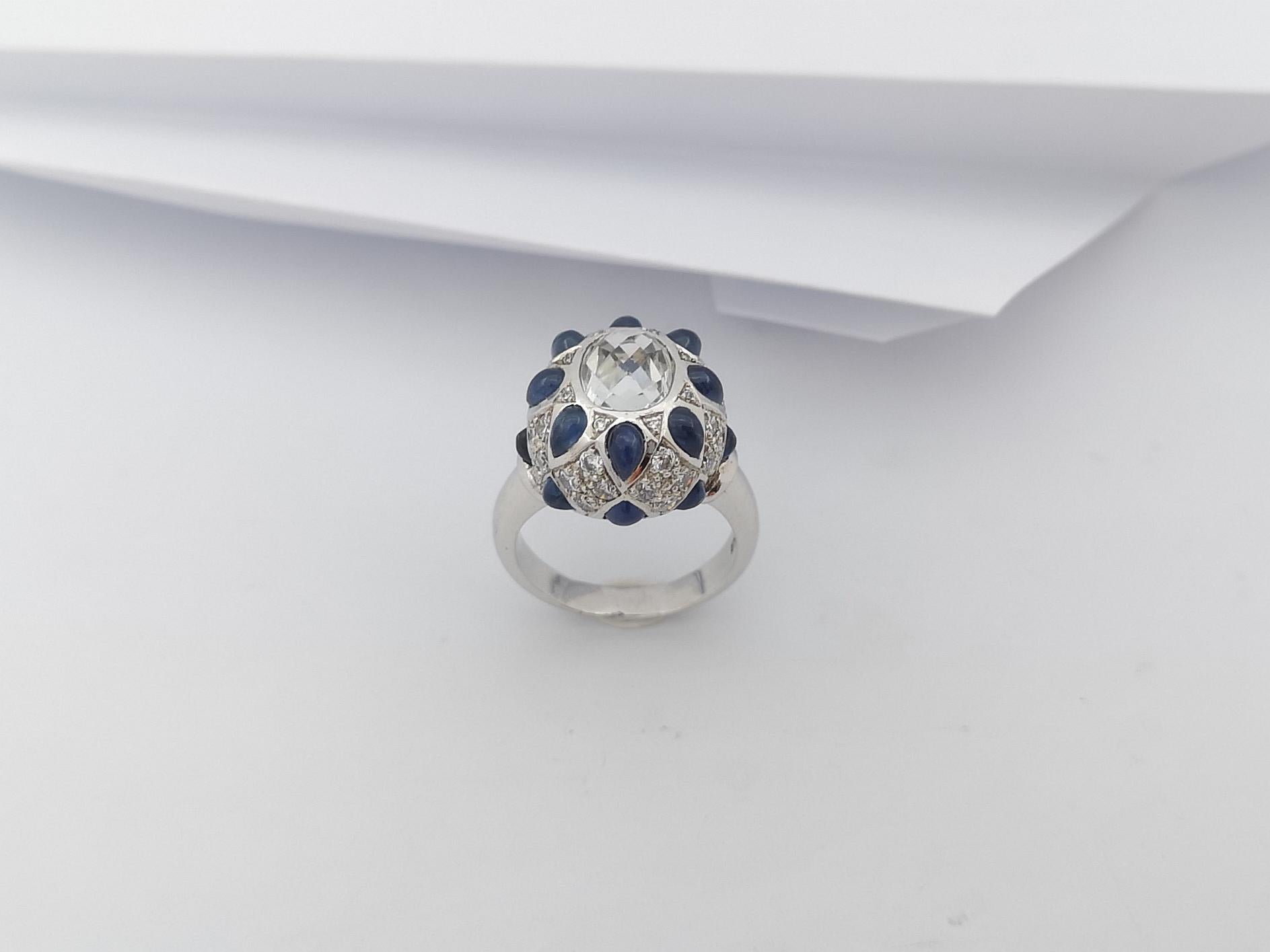 White Topaz, Cabochon Blue Sapphire with Cubic Zirconia Ring in Silver Settings For Sale 4