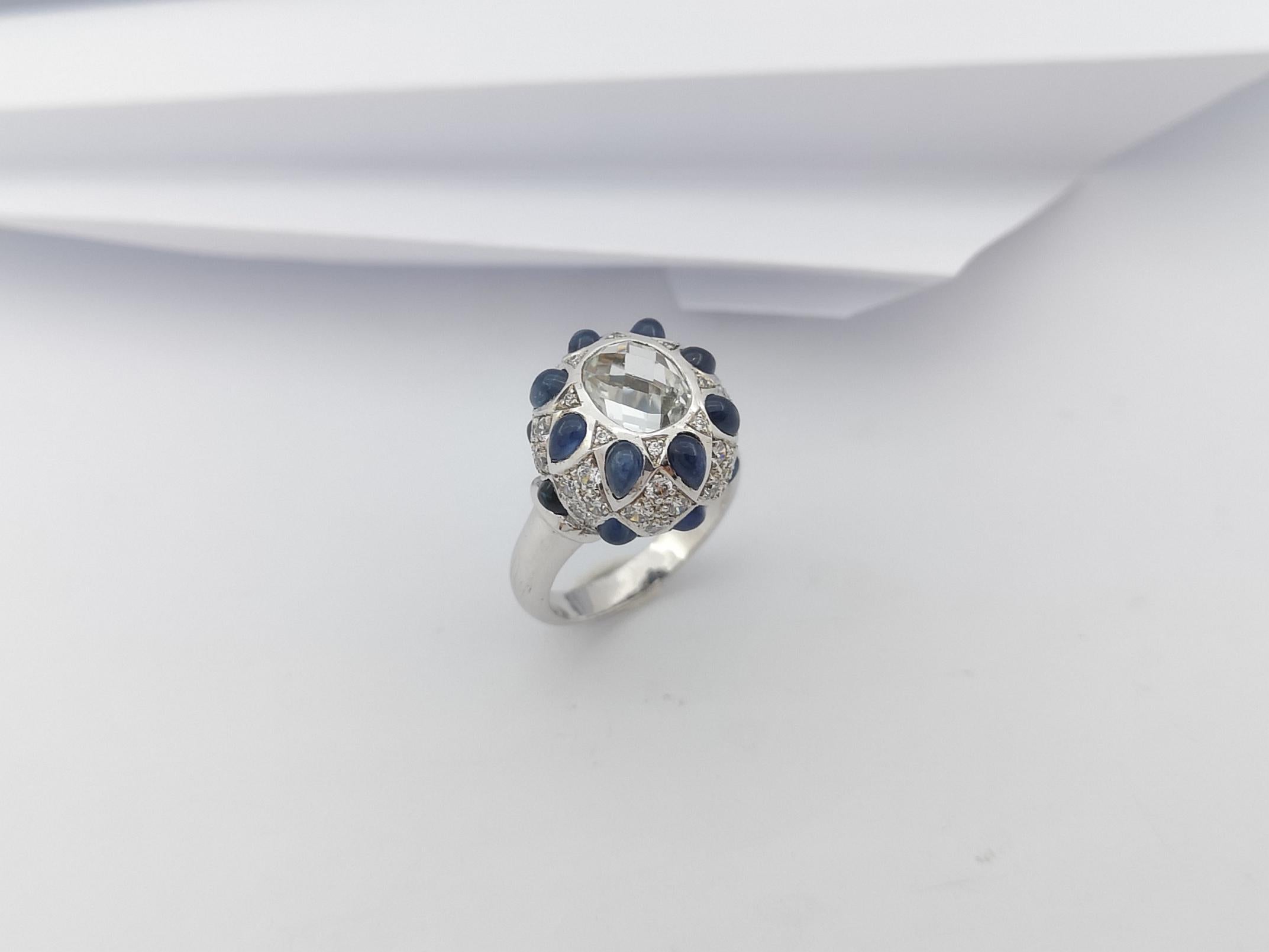 White Topaz, Cabochon Blue Sapphire with Cubic Zirconia Ring in Silver Settings For Sale 5