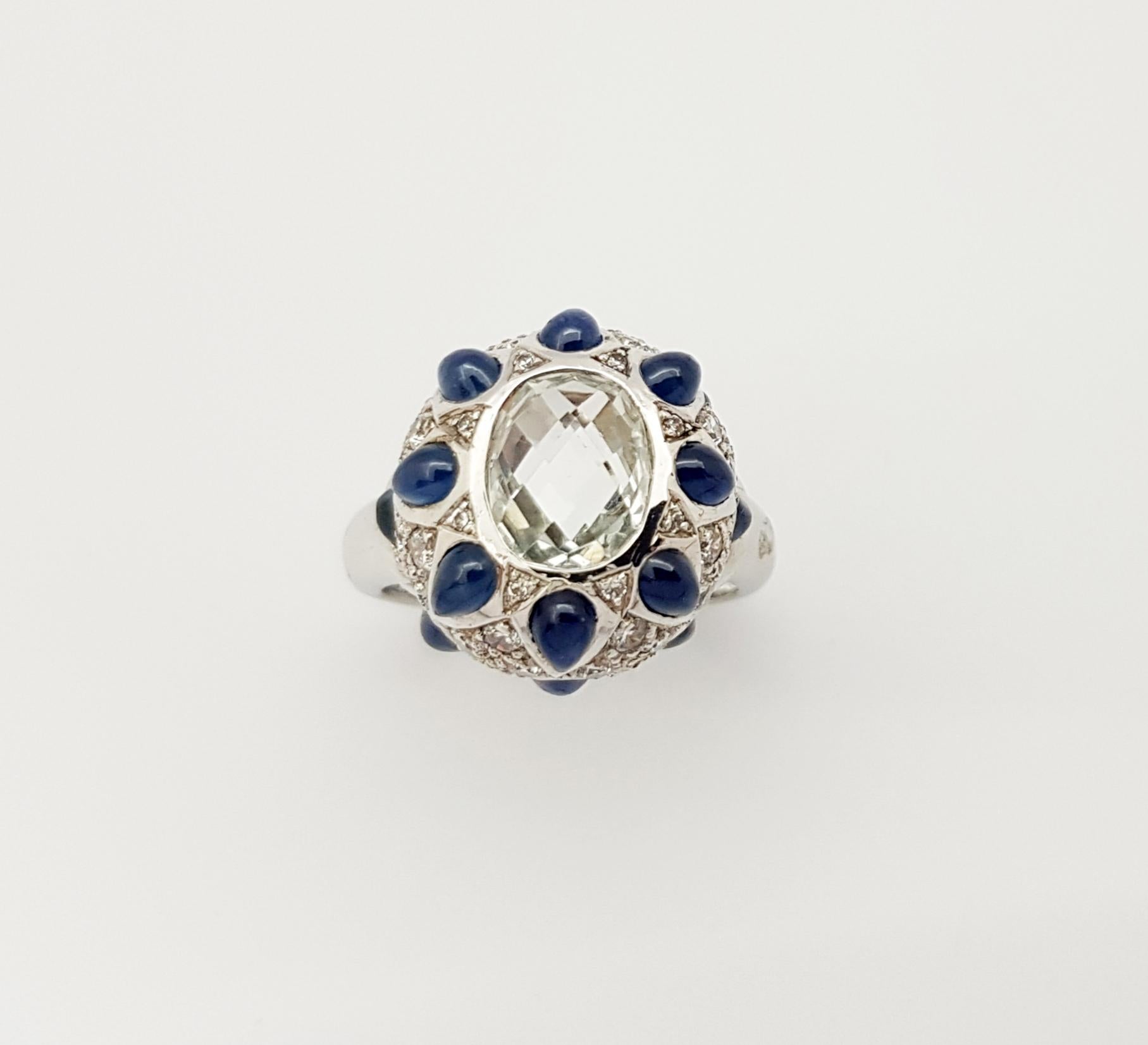 White Topaz, Cabochon Blue Sapphire with Cubic Zirconia Ring in Silver Settings For Sale 6