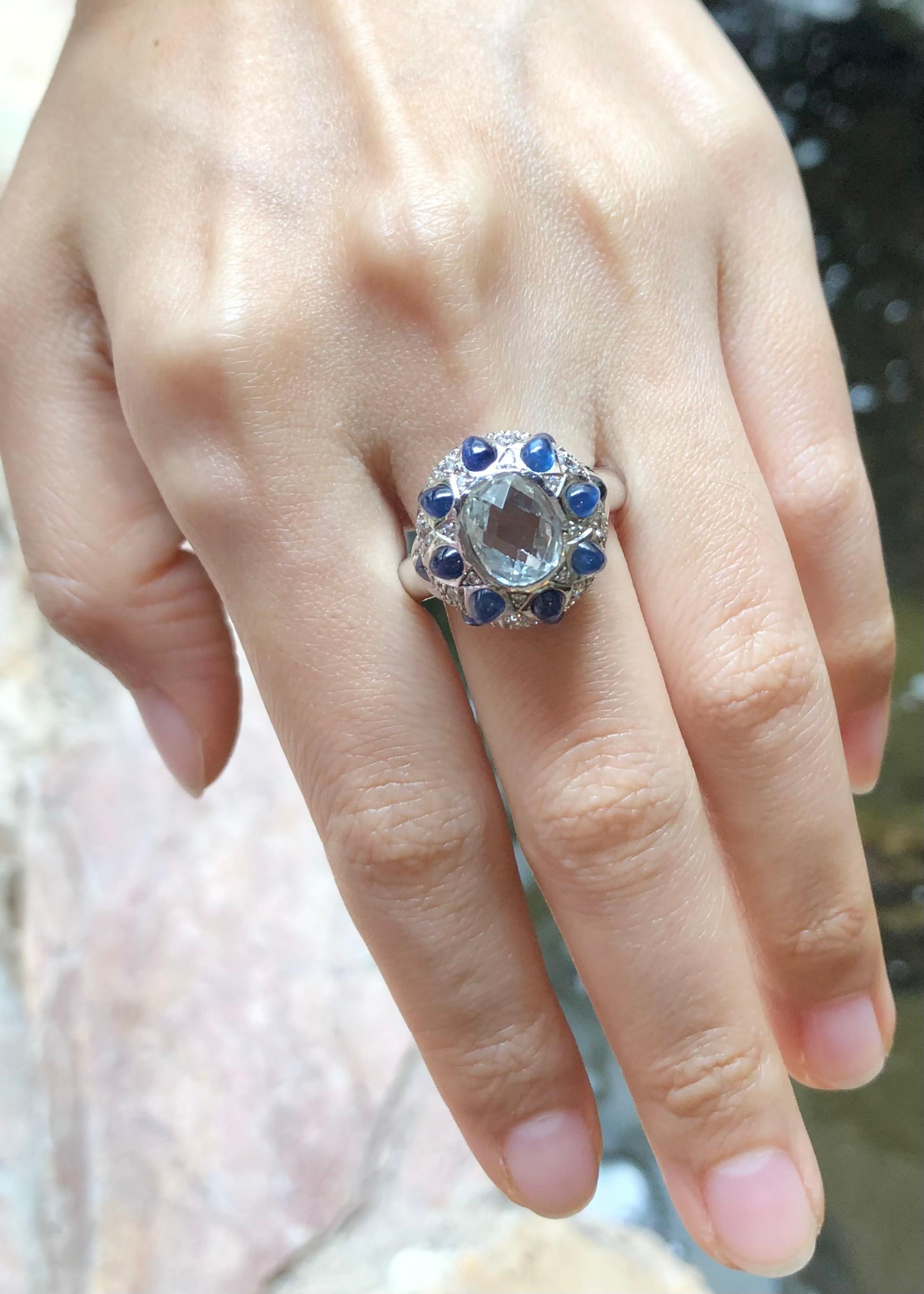 Contemporary White Topaz, Cabochon Blue Sapphire with Cubic Zirconia Ring in Silver Settings For Sale