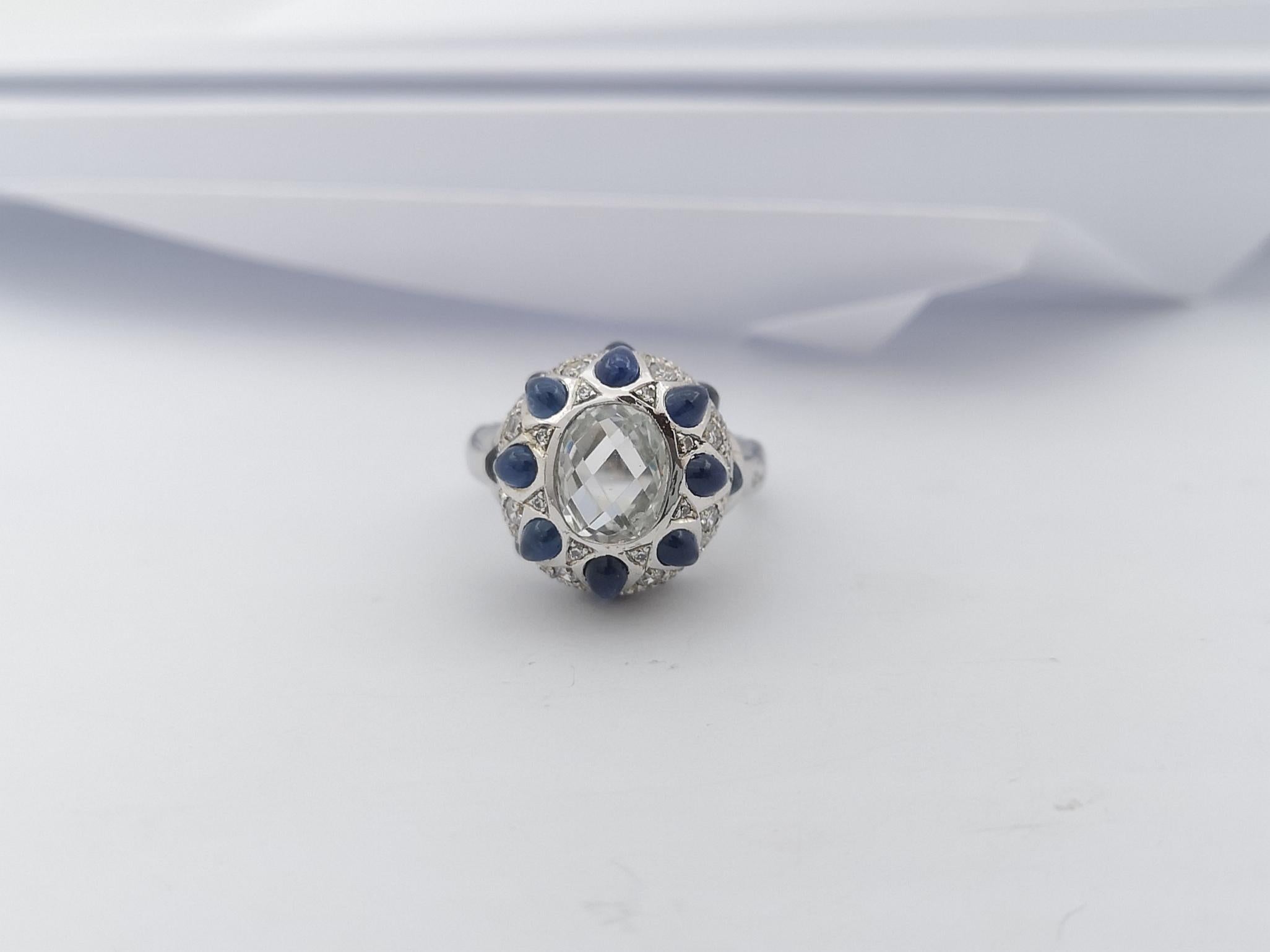 White Topaz, Cabochon Blue Sapphire with Cubic Zirconia Ring in Silver Settings In New Condition For Sale In Dusit, 10